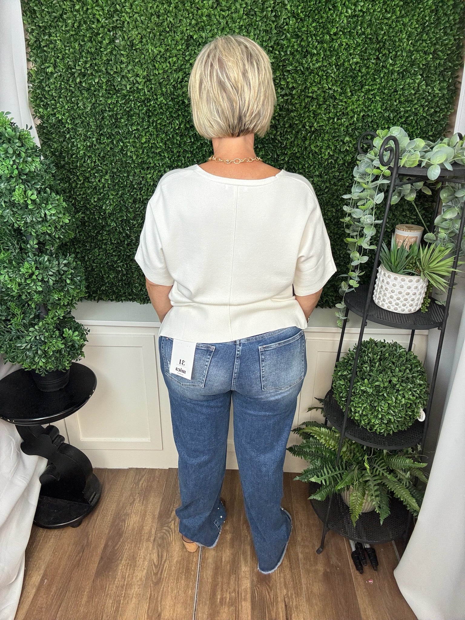 SHORT SLEEVE VNECK DOLMAN POPOVER SWEATER W/STEP HEM - WHIPPED CREAM