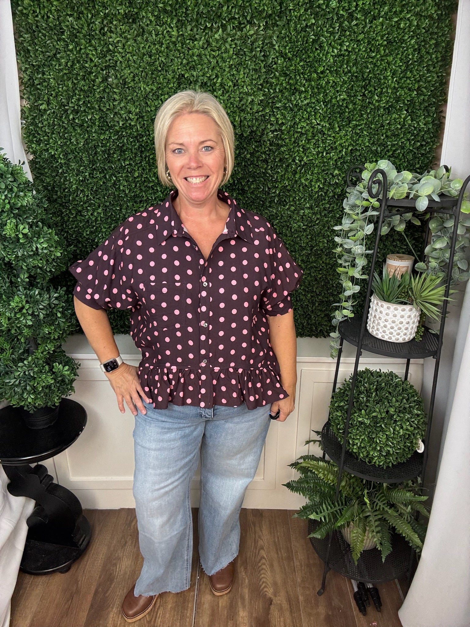 POLKA DOT PEPLUM BLOUSE - WINE