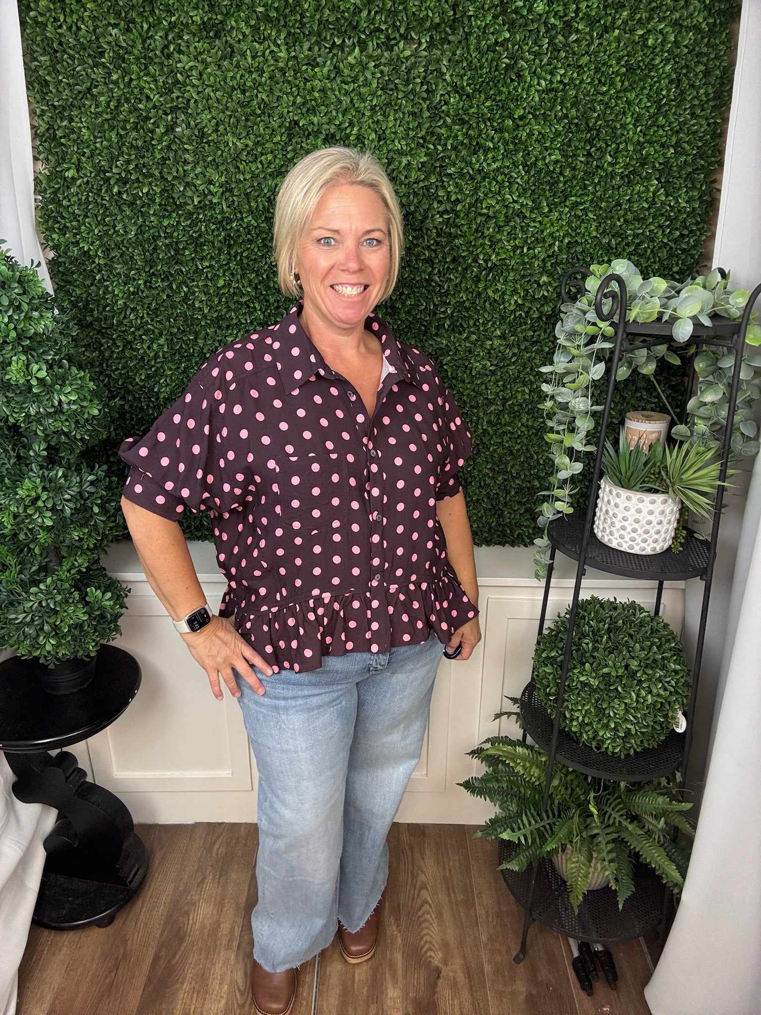 POLKA DOT PEPLUM BLOUSE - WINE