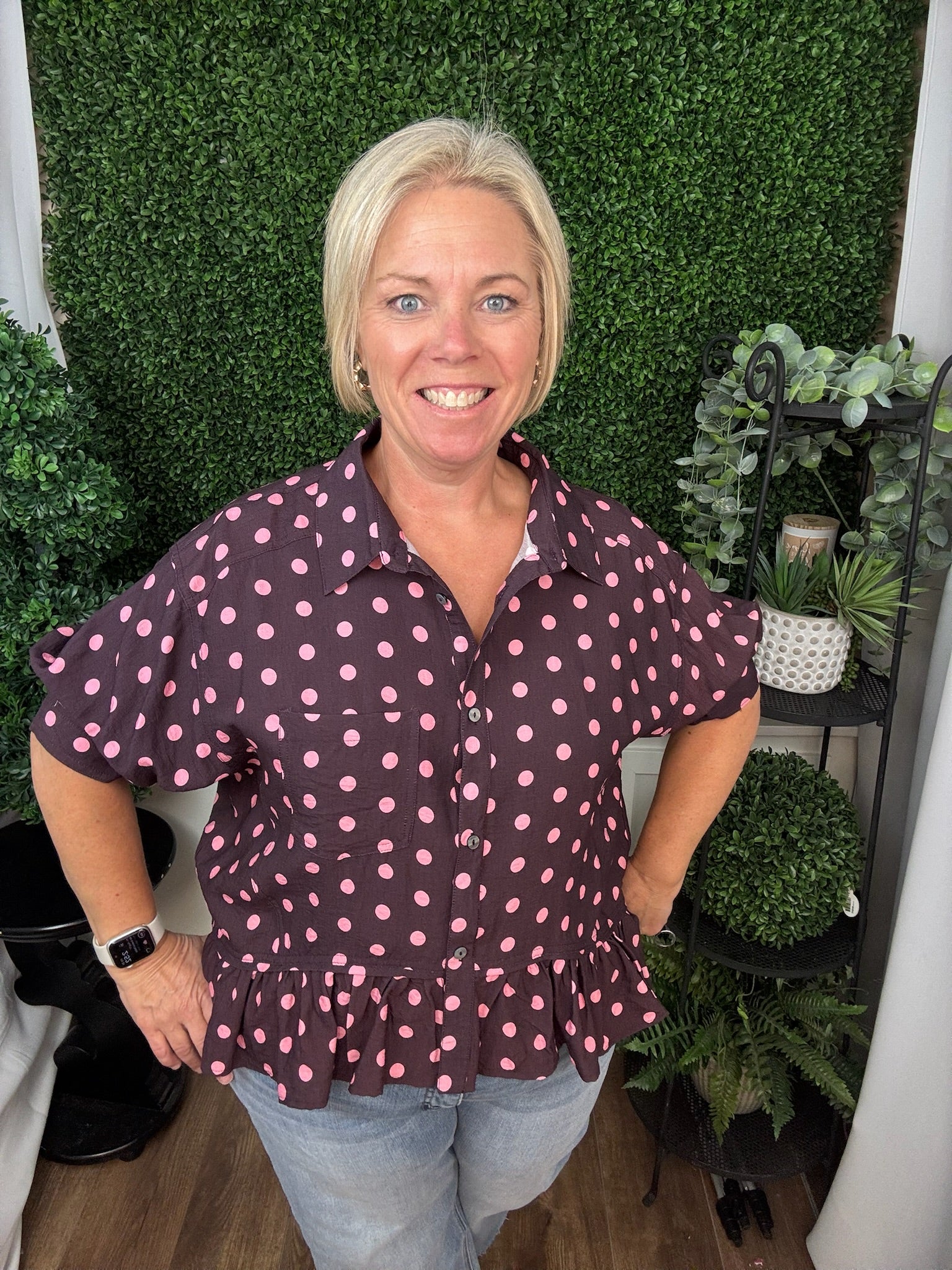 POLKA DOT PEPLUM BLOUSE - WINE