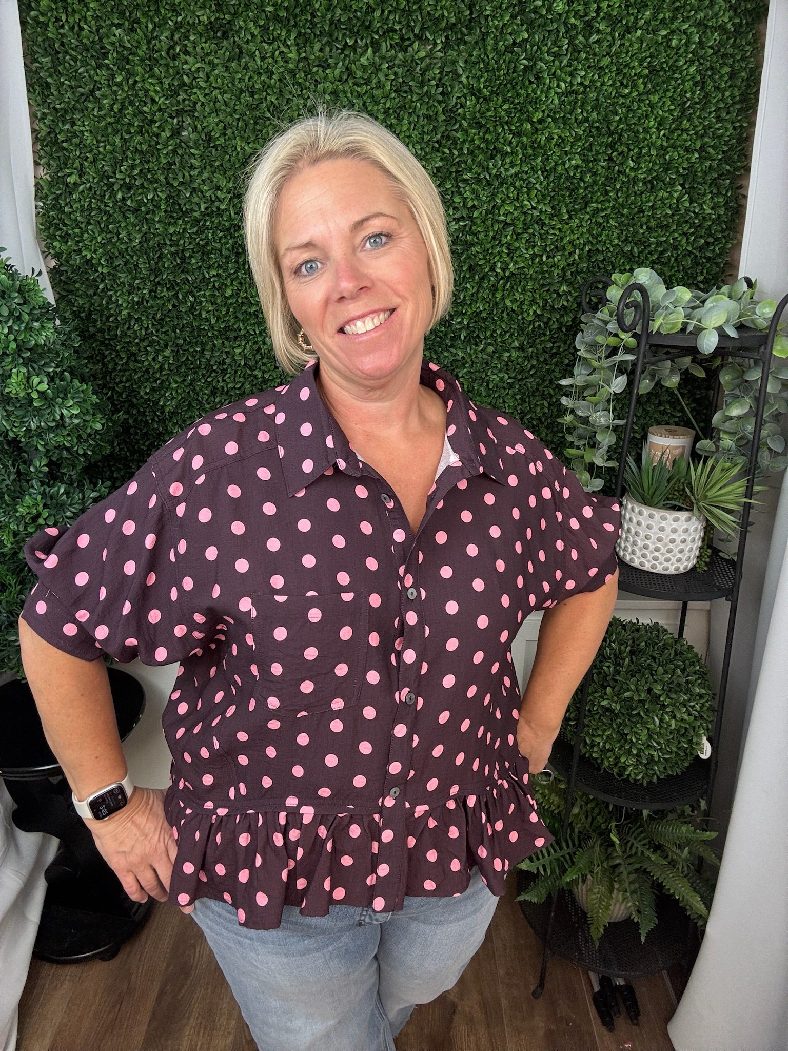 POLKA DOT PEPLUM BLOUSE - WINE