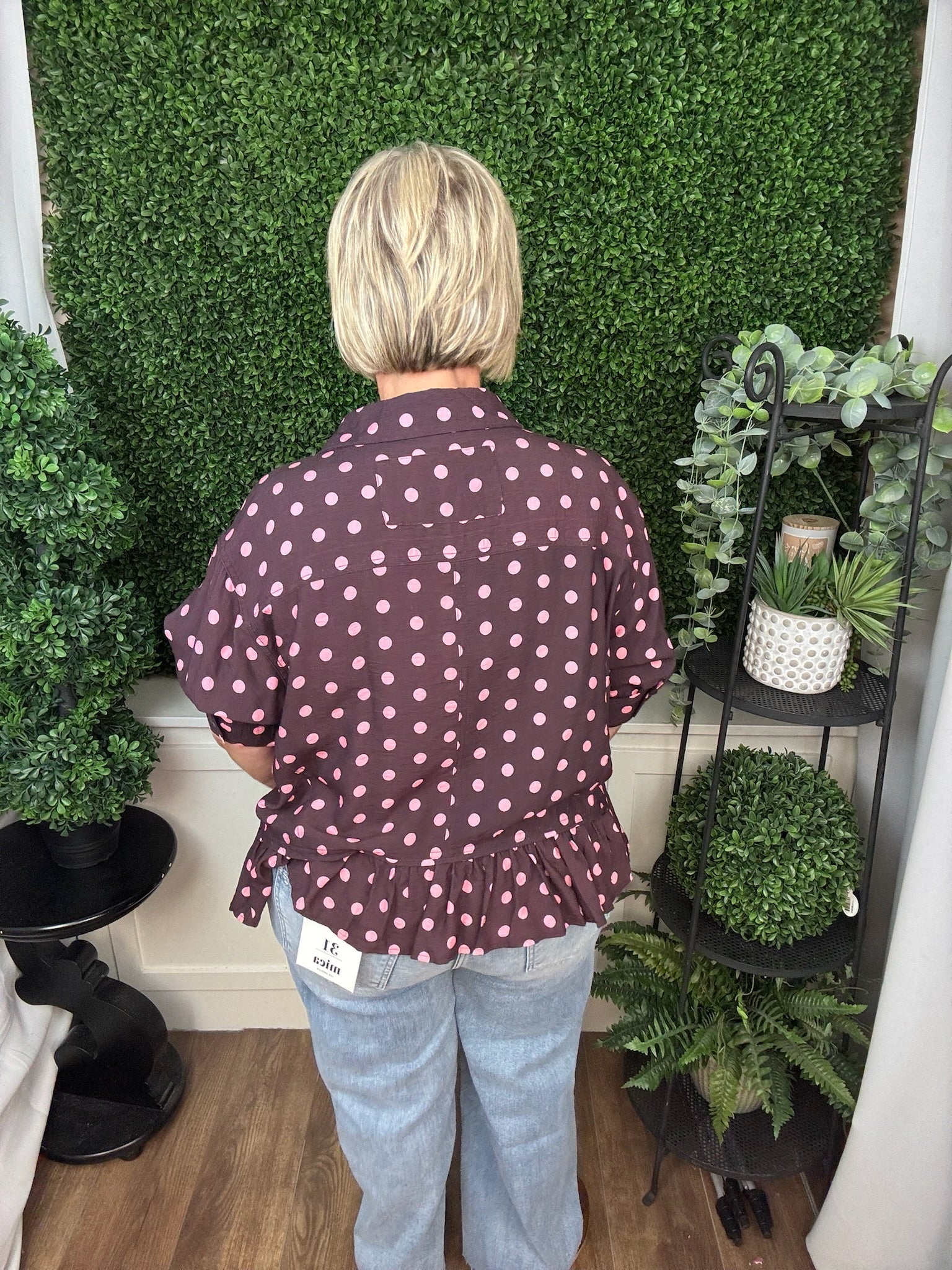 POLKA DOT PEPLUM BLOUSE - WINE