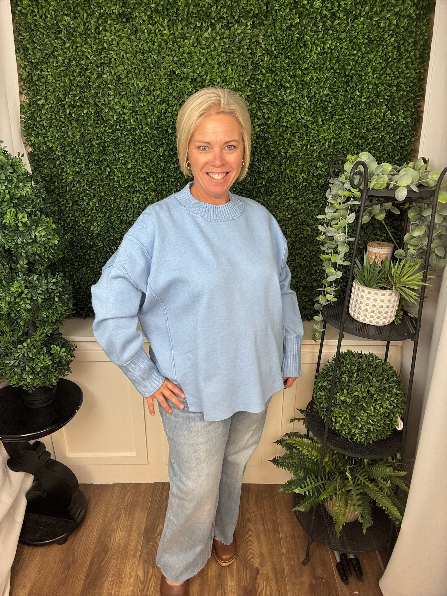 OVERSIZED DROP SHOULDER KNIT SWEATER - LIGHT PASTEL BLUE