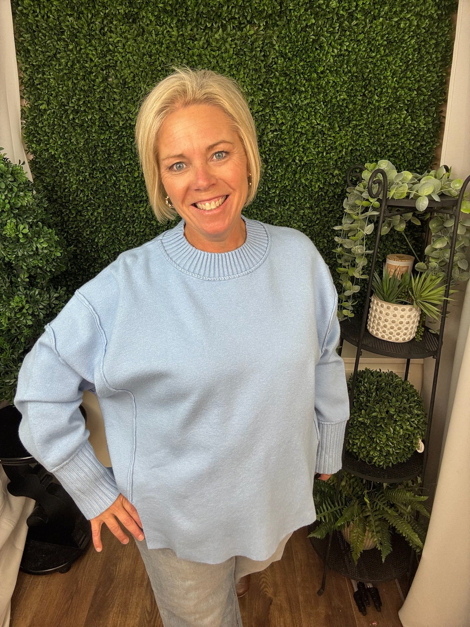 OVERSIZED DROP SHOULDER KNIT SWEATER - LIGHT PASTEL BLUE