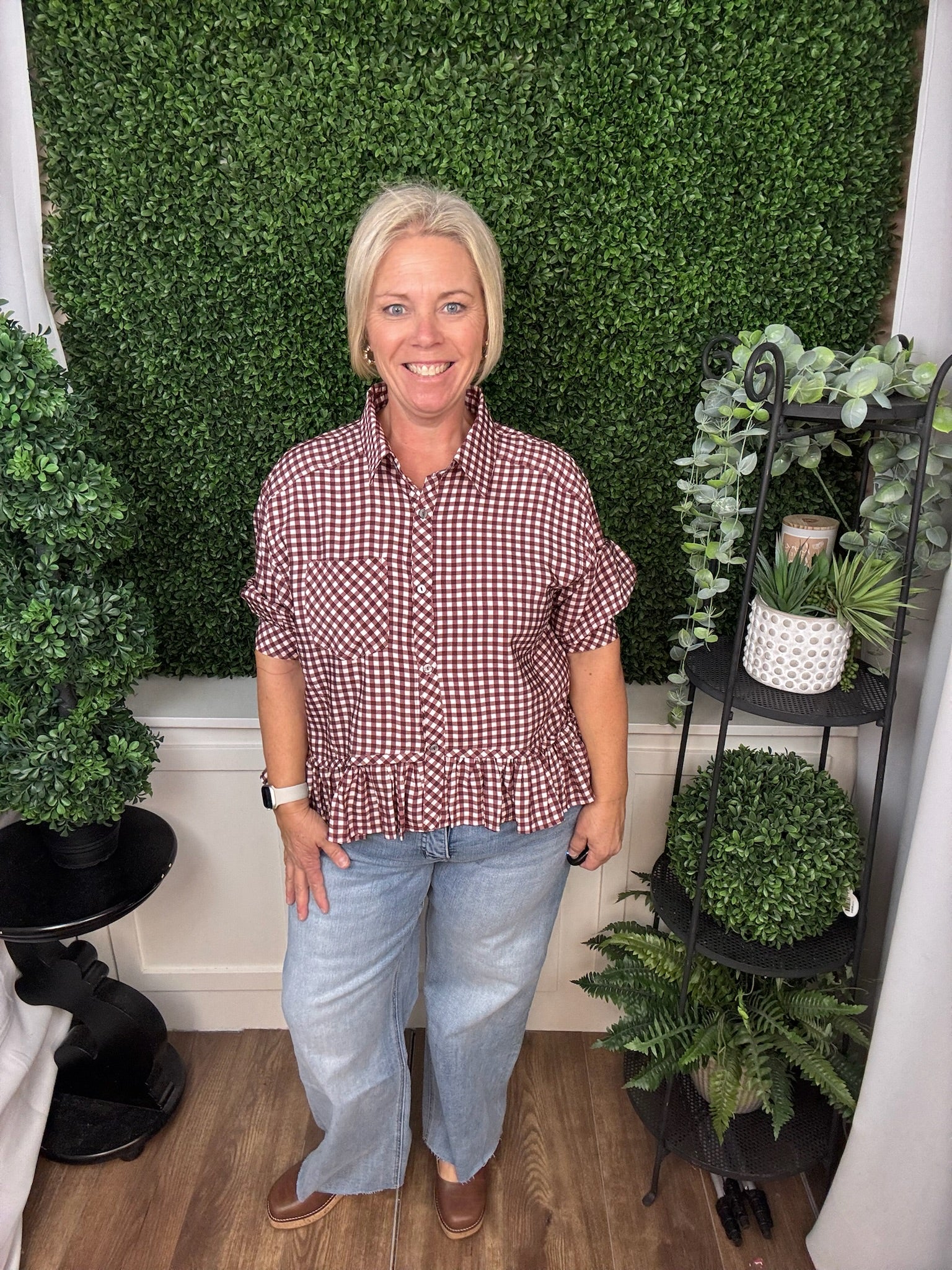 GINGHAM PEPLUM BLOUSE - BROWN/RED BEAN