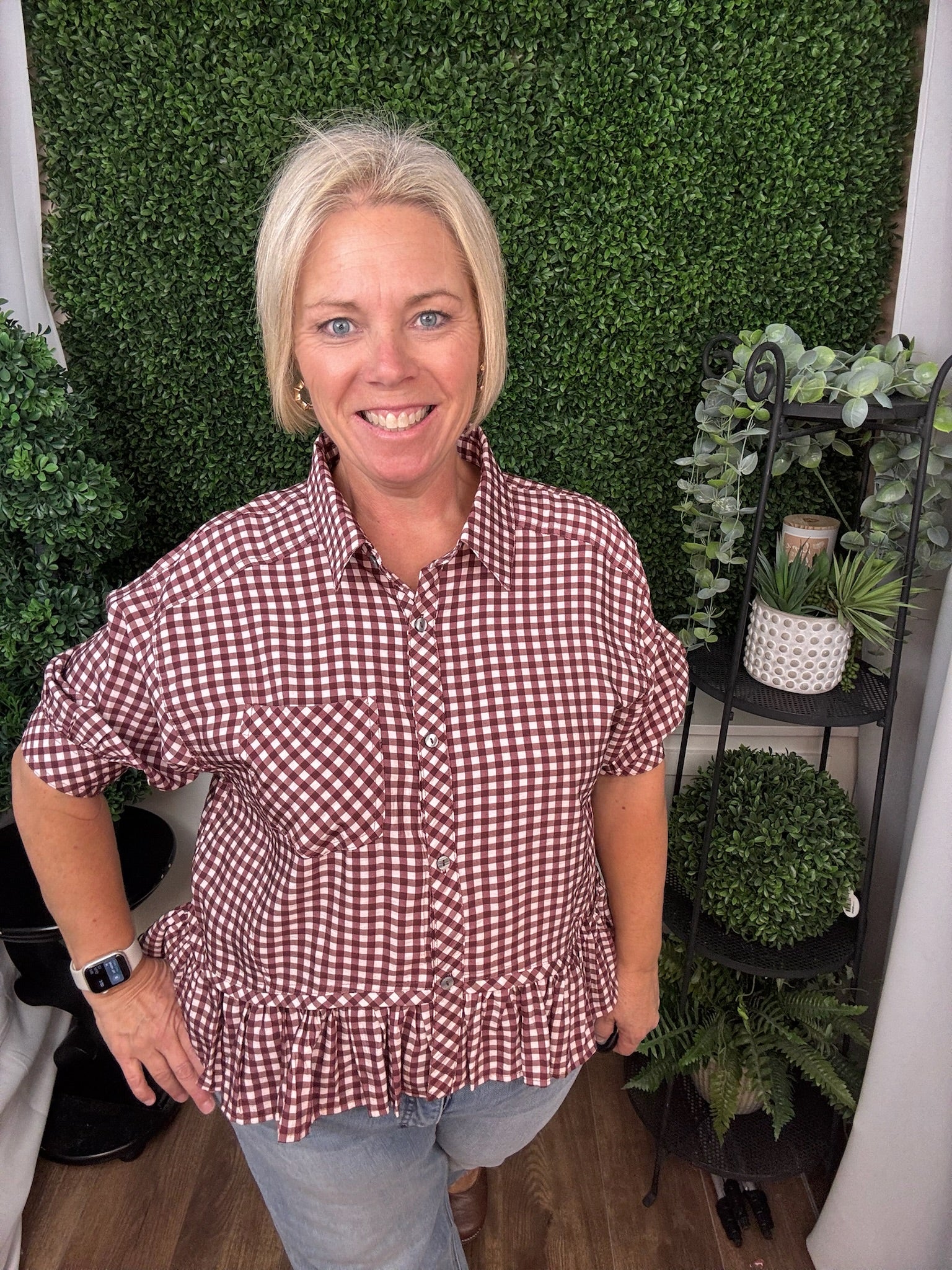 GINGHAM PEPLUM BLOUSE - BROWN/RED BEAN