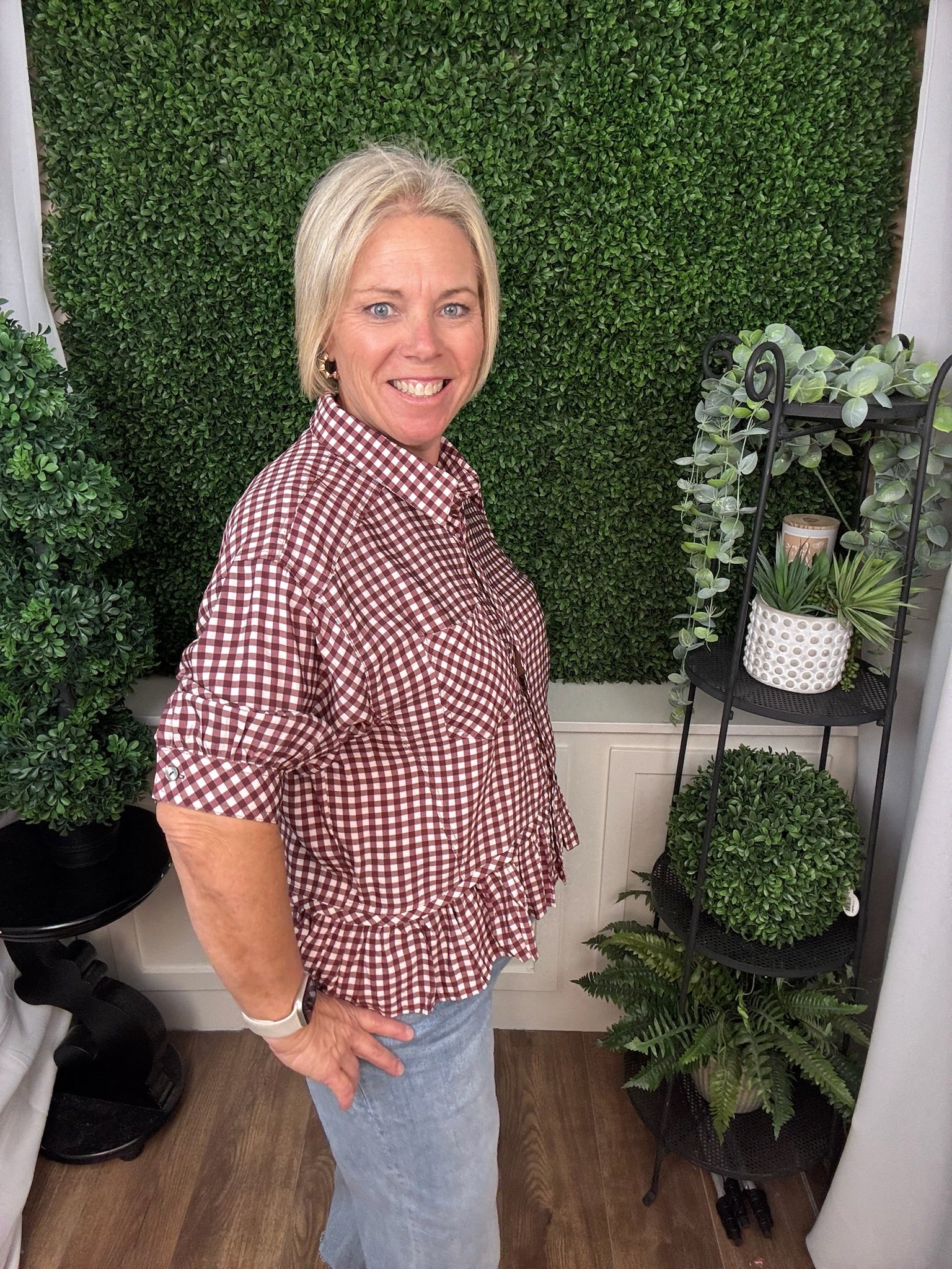 GINGHAM PEPLUM BLOUSE - BROWN/RED BEAN