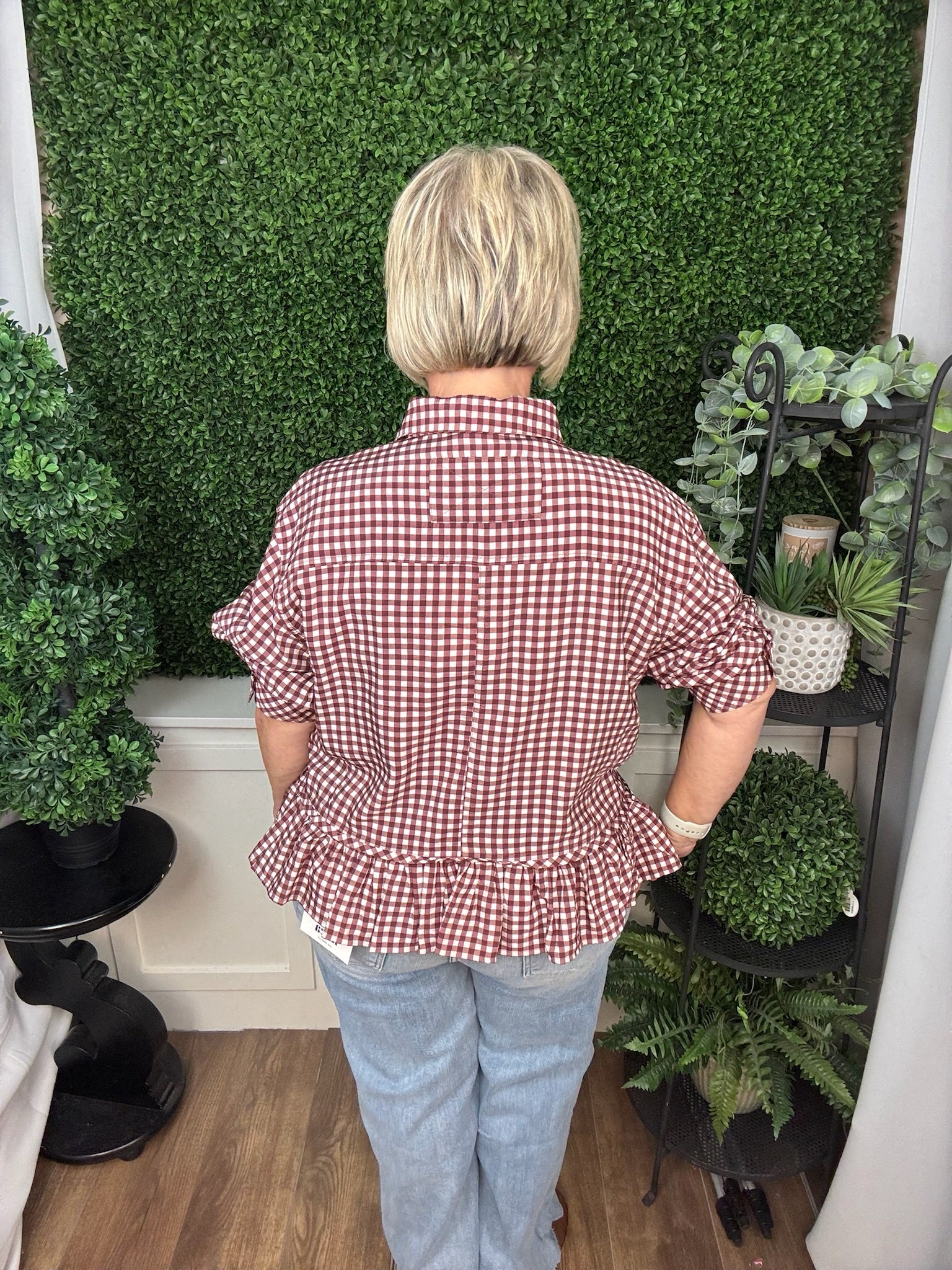 GINGHAM PEPLUM BLOUSE - BROWN/RED BEAN