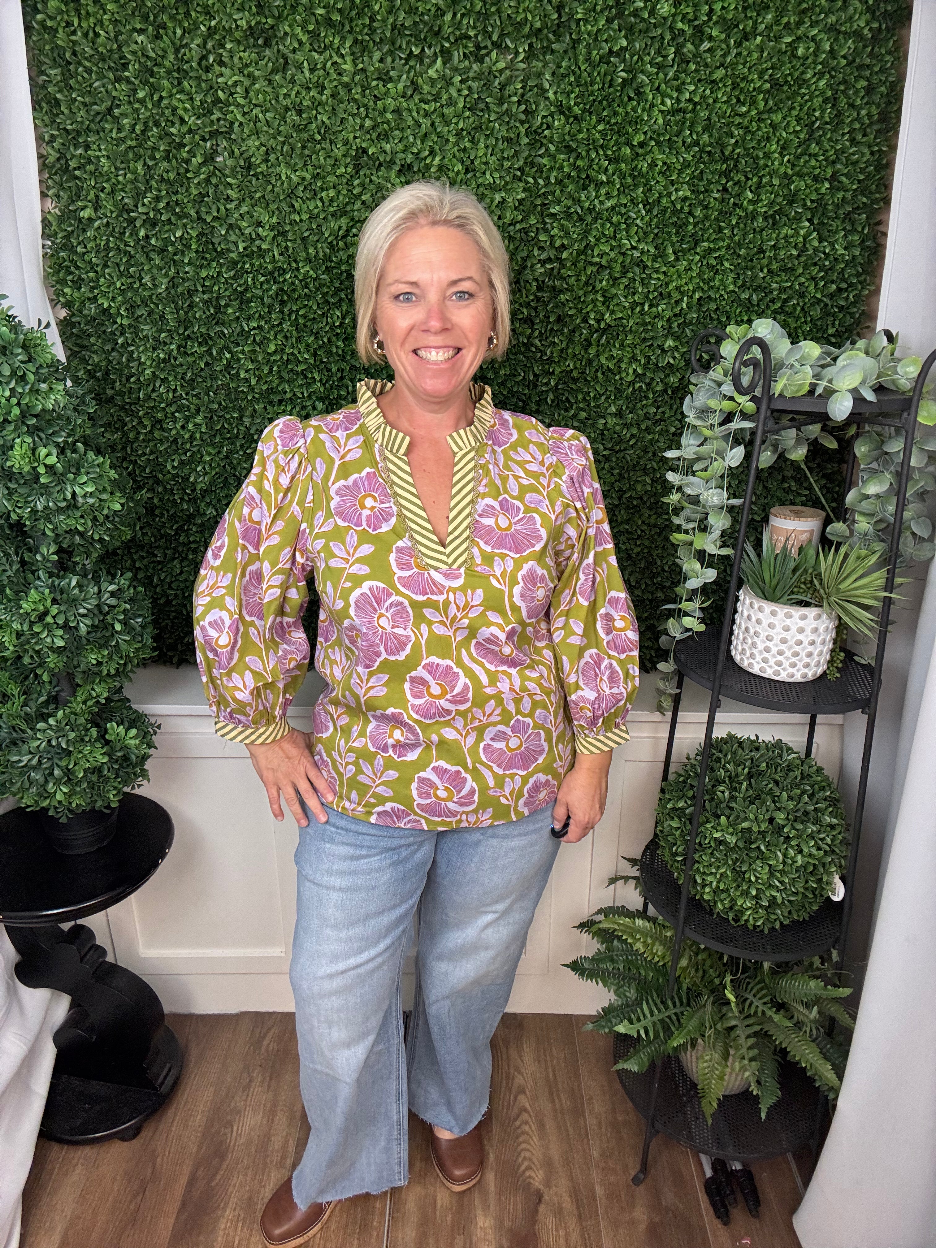 Moss Green Floral Puff Sleeve Blouse