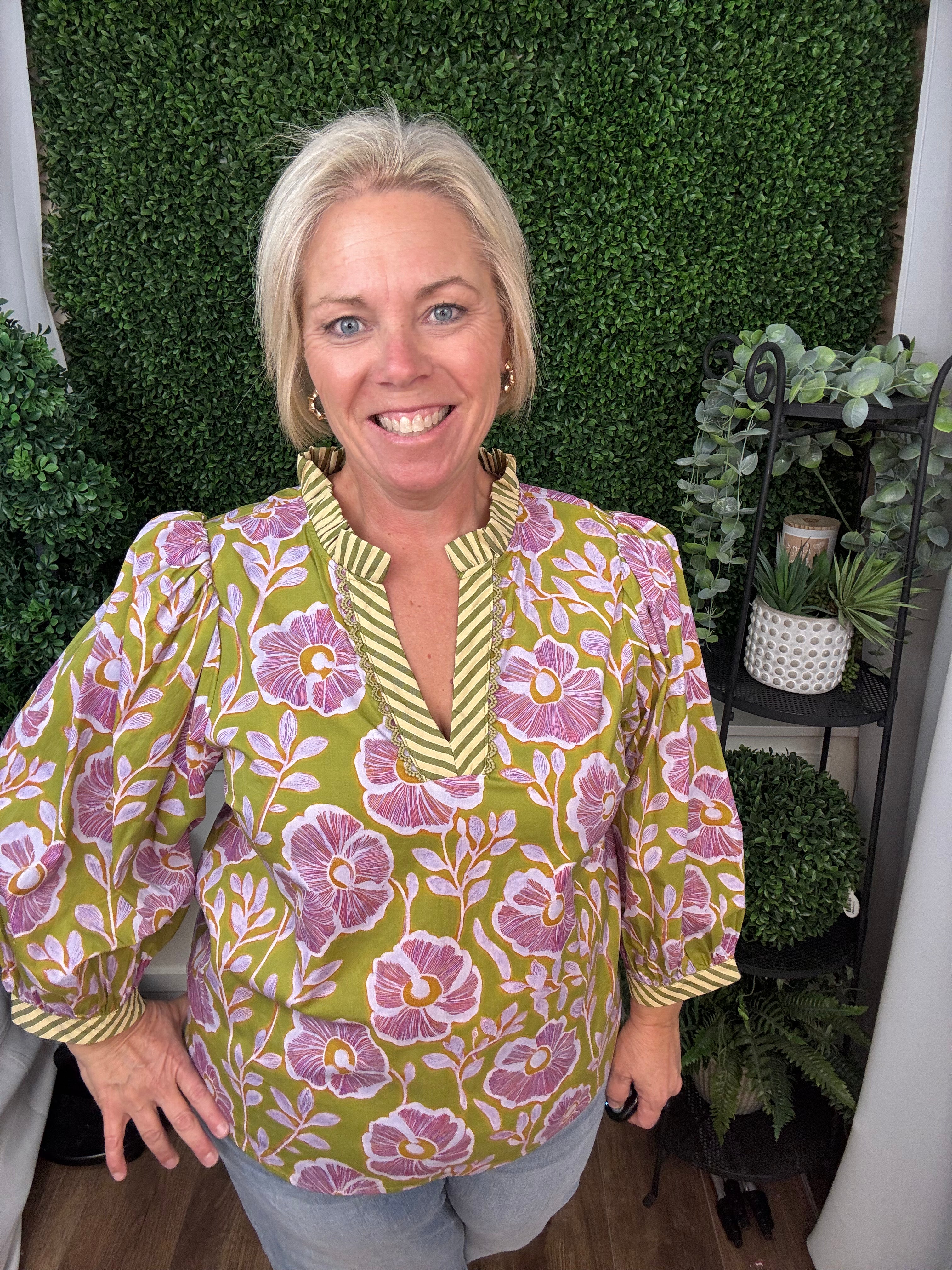 Moss Green Floral Puff Sleeve Blouse