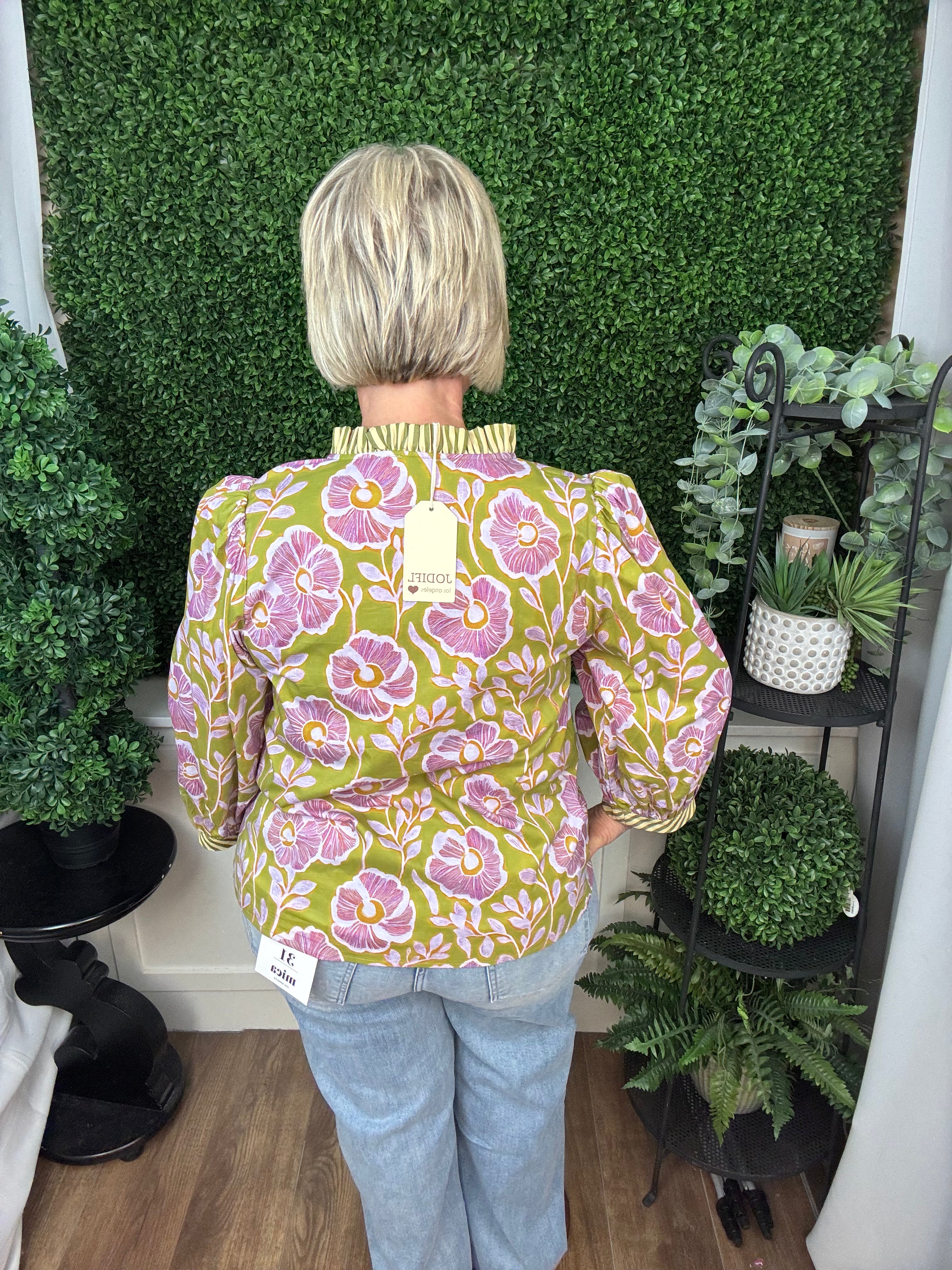 Moss Green Floral Puff Sleeve Blouse