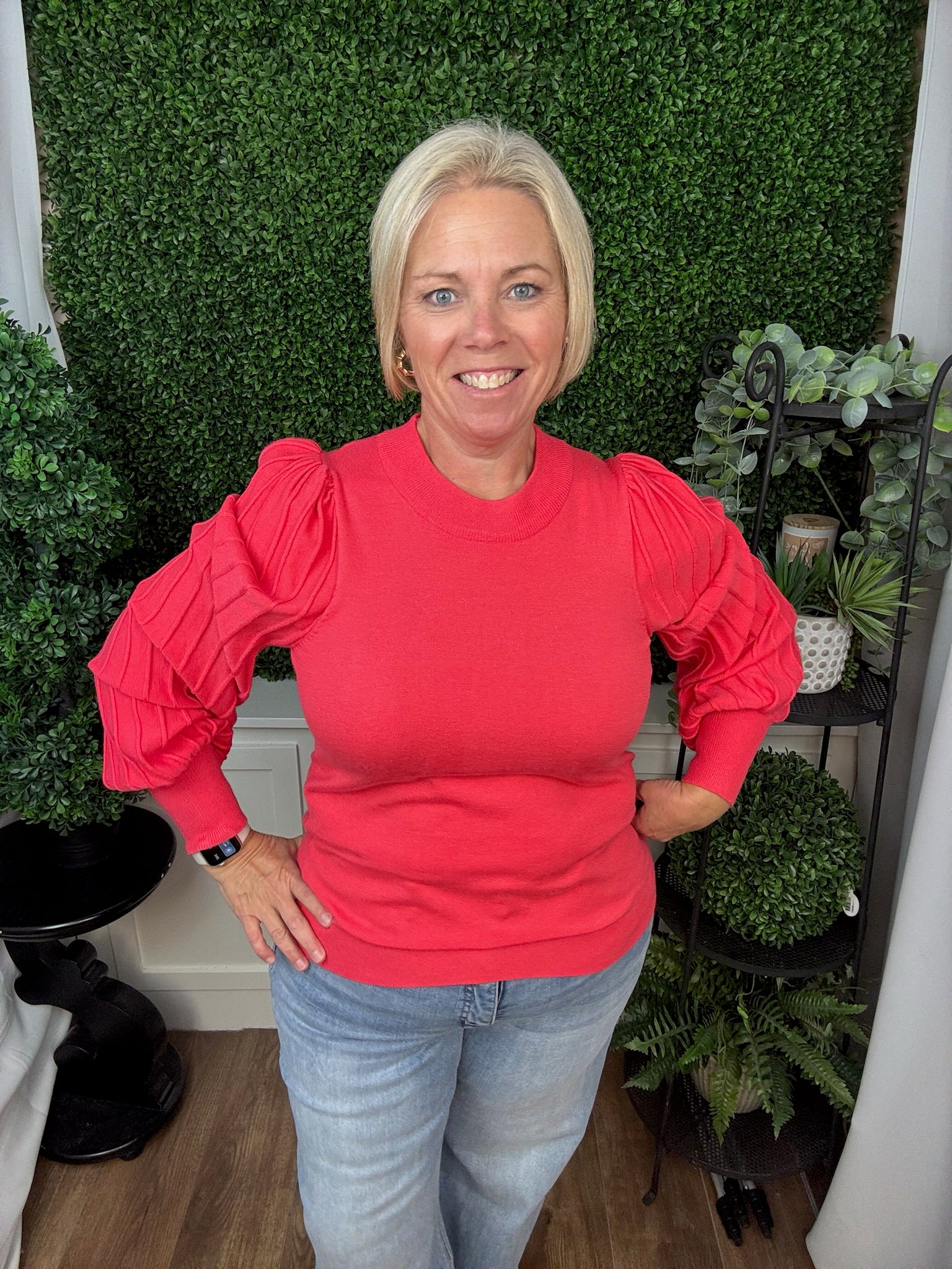 LONG SLEEVE CREW NECK KNIT SWEATER - IVORY/SCARLET RED/TEAL BLUE