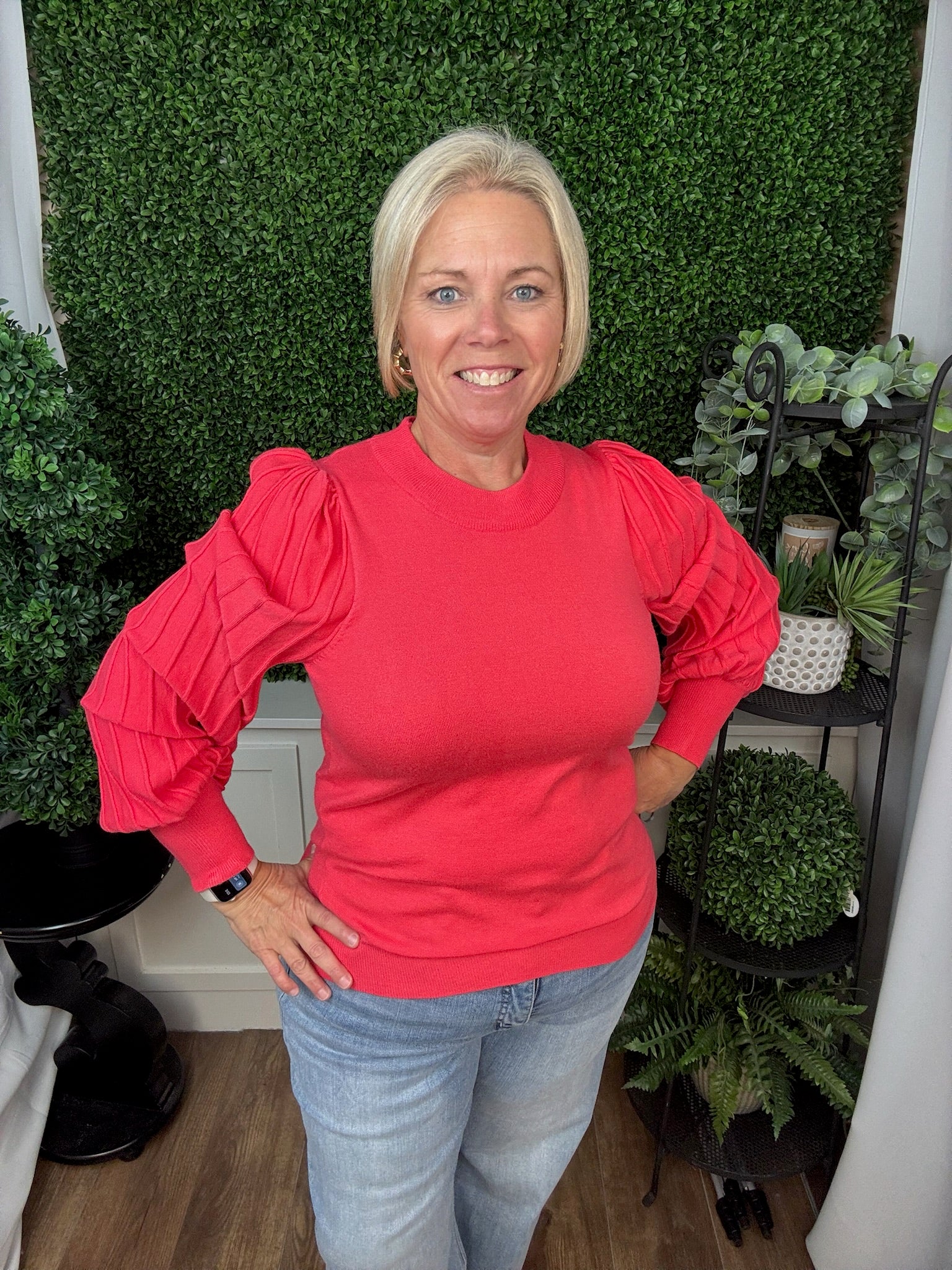LONG SLEEVE CREW NECK KNIT SWEATER - IVORY/SCARLET RED/TEAL BLUE