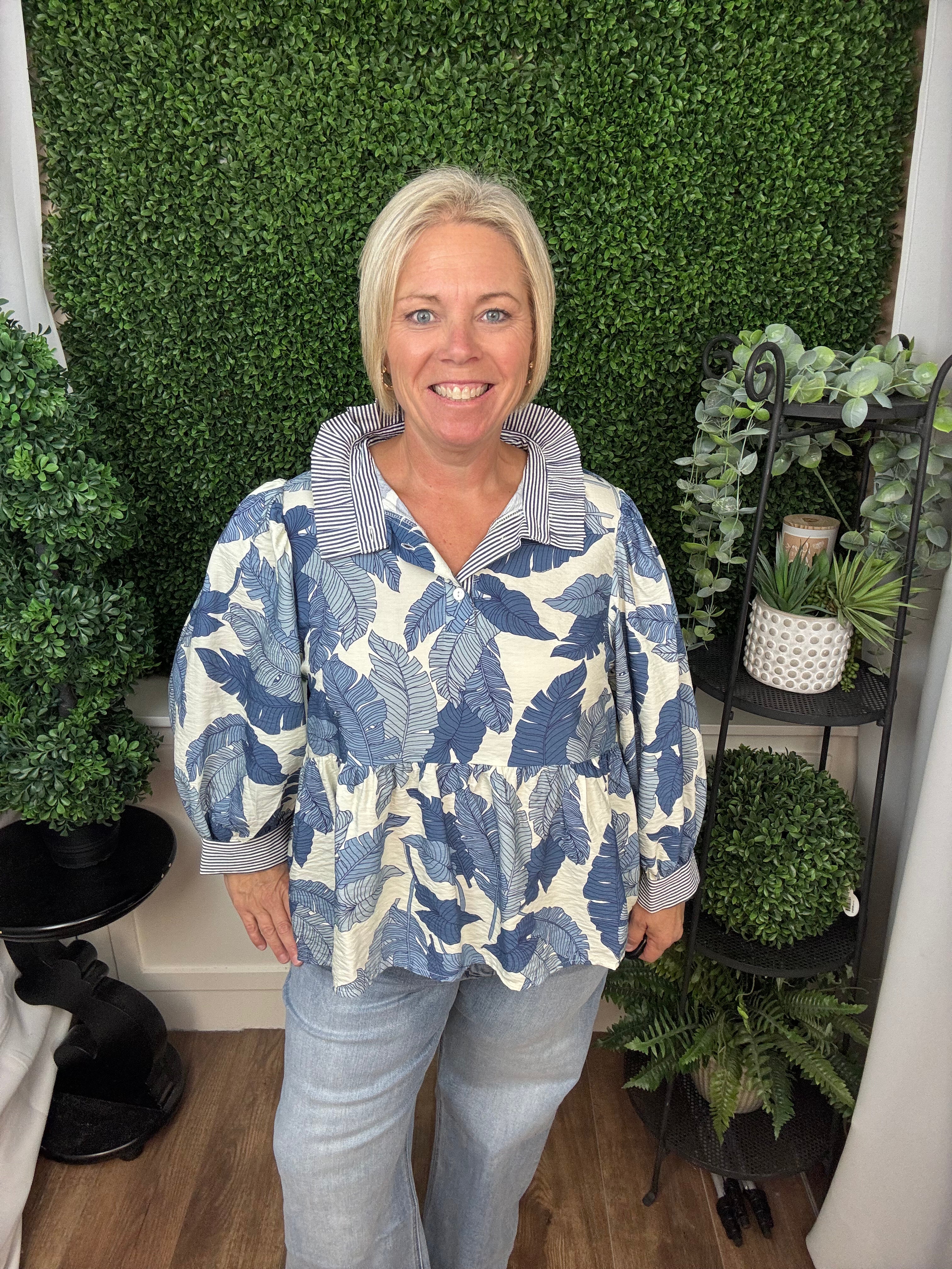 LEAF PRINT BUTTON FRONT MOCK NECK PEPLUM BLOUSE - IVORY/DENIM