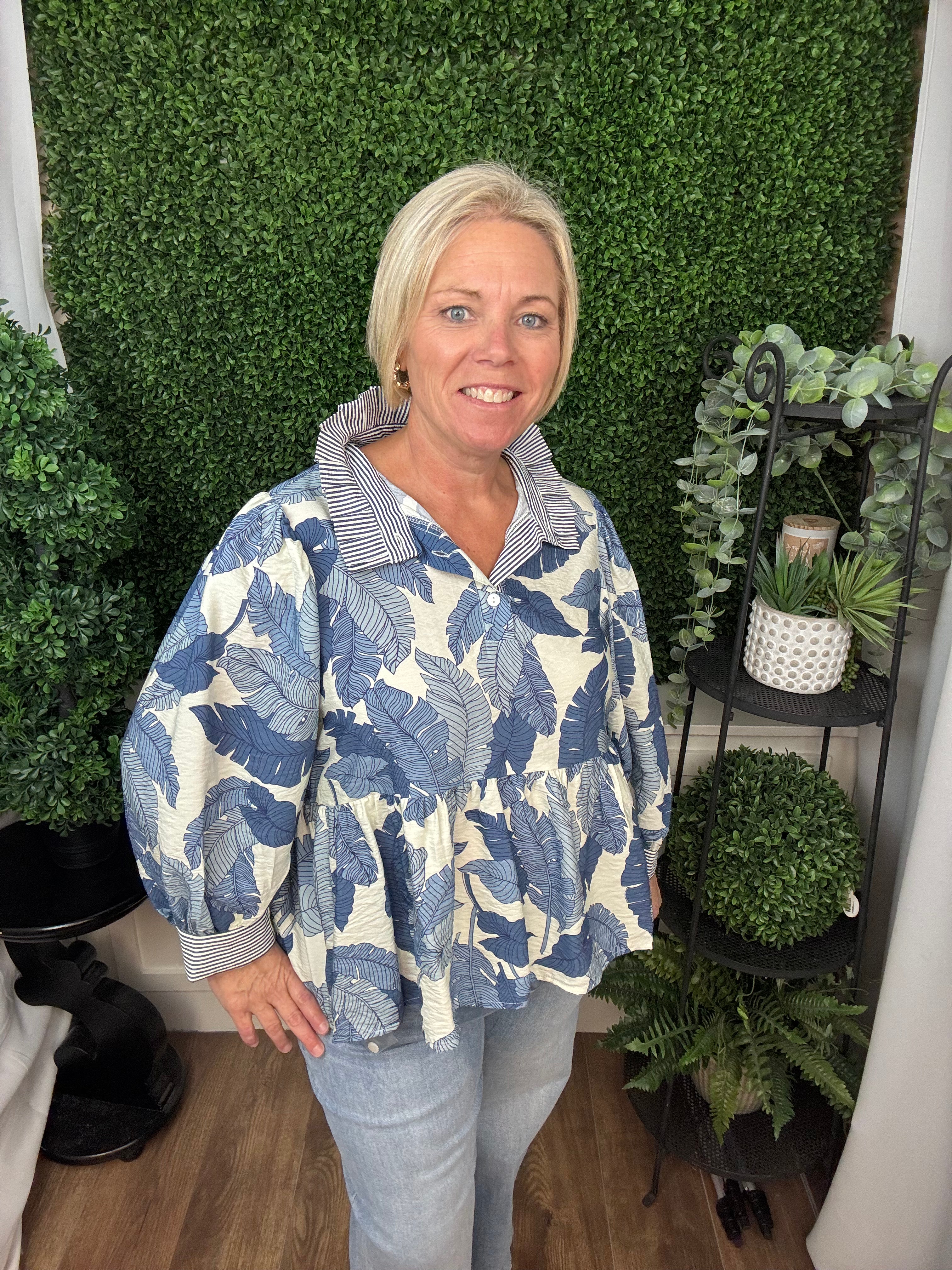 LEAF PRINT BUTTON FRONT MOCK NECK PEPLUM BLOUSE - IVORY/DENIM