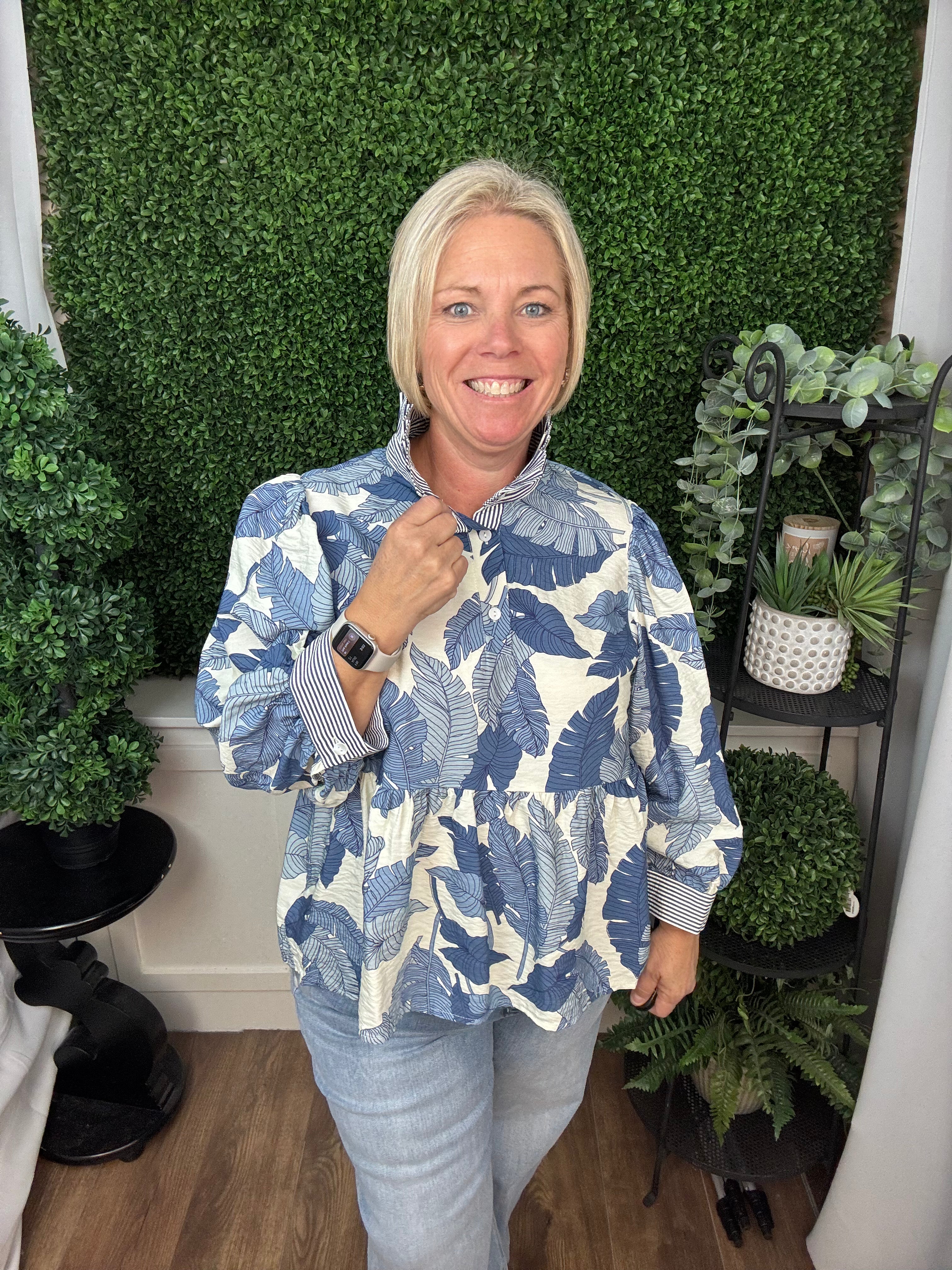 LEAF PRINT BUTTON FRONT MOCK NECK PEPLUM BLOUSE - IVORY/DENIM