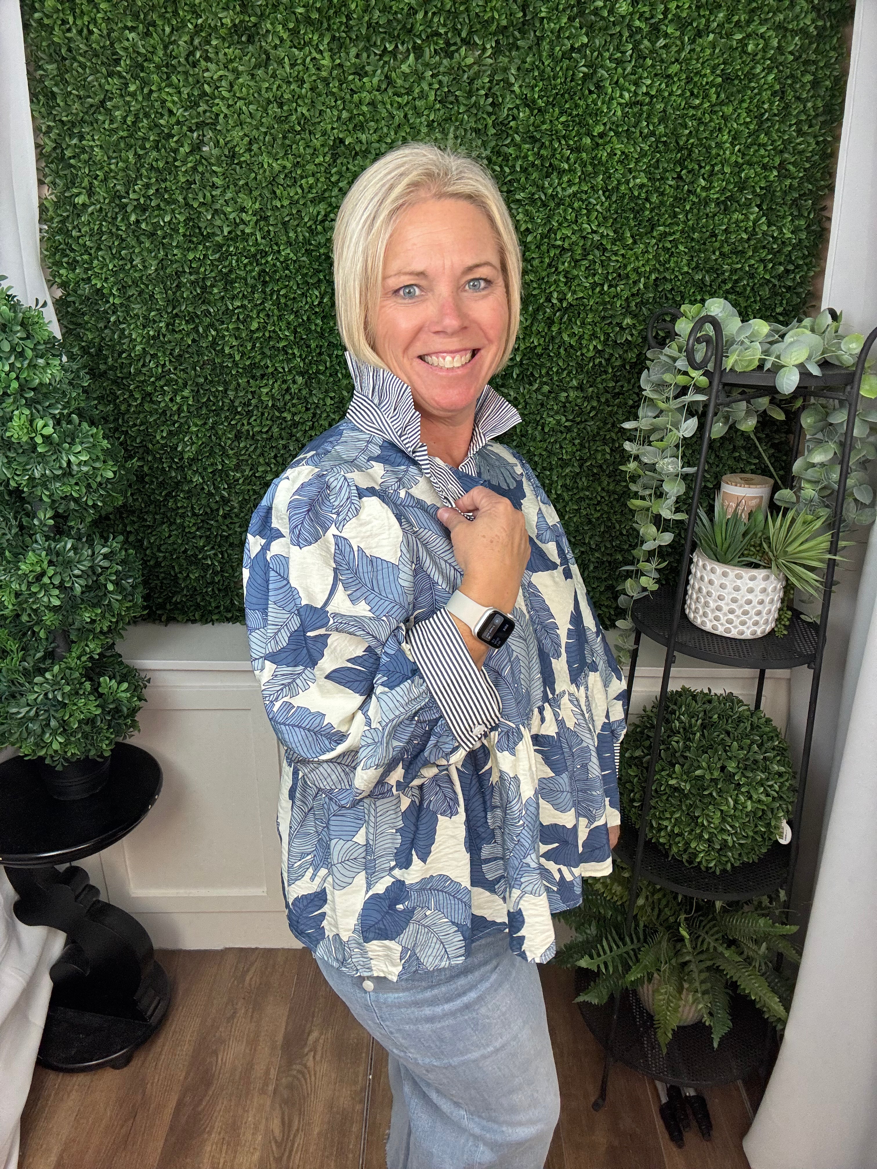 LEAF PRINT BUTTON FRONT MOCK NECK PEPLUM BLOUSE - IVORY/DENIM