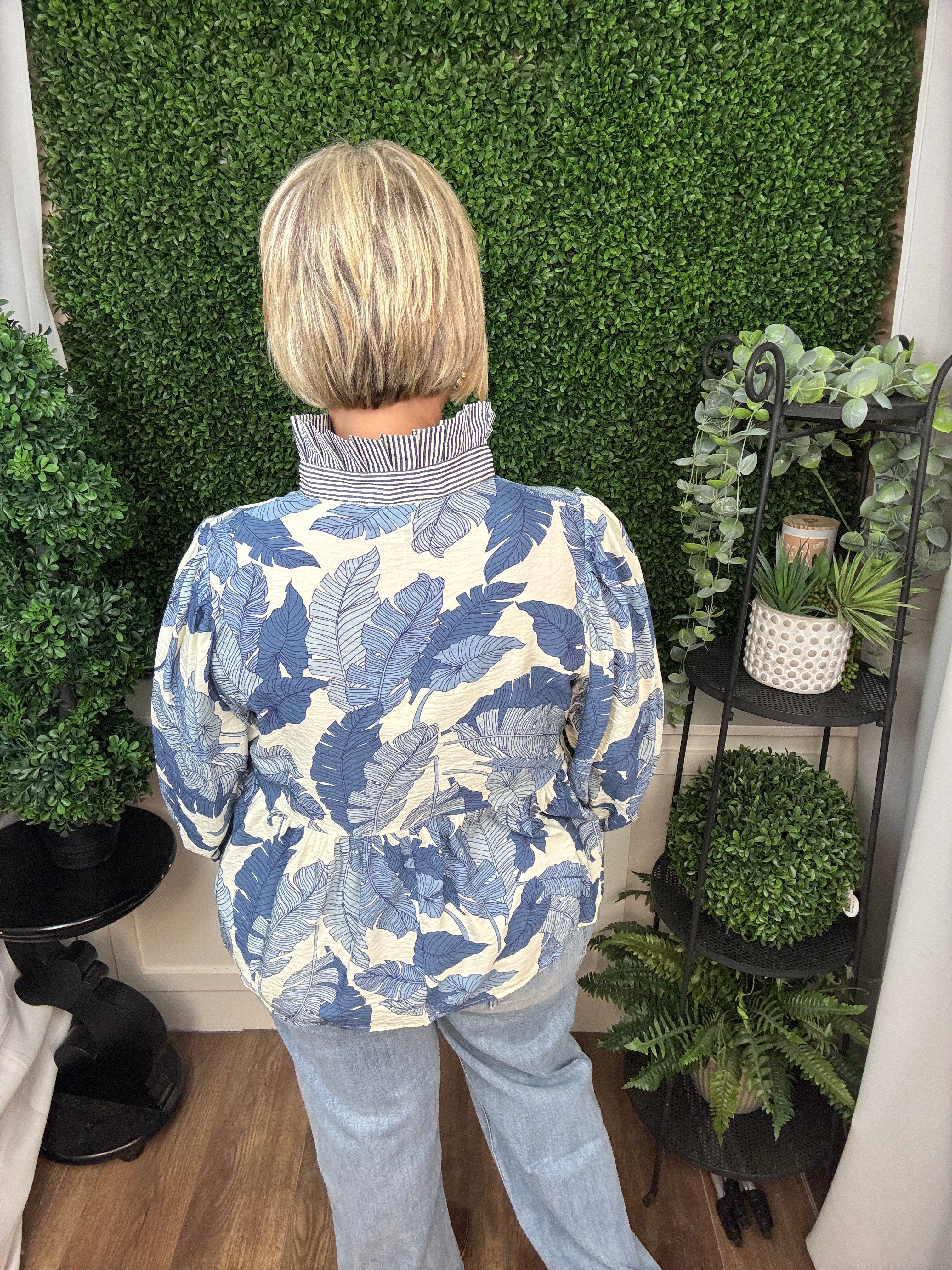 LEAF PRINT BUTTON FRONT MOCK NECK PEPLUM BLOUSE - IVORY/DENIM