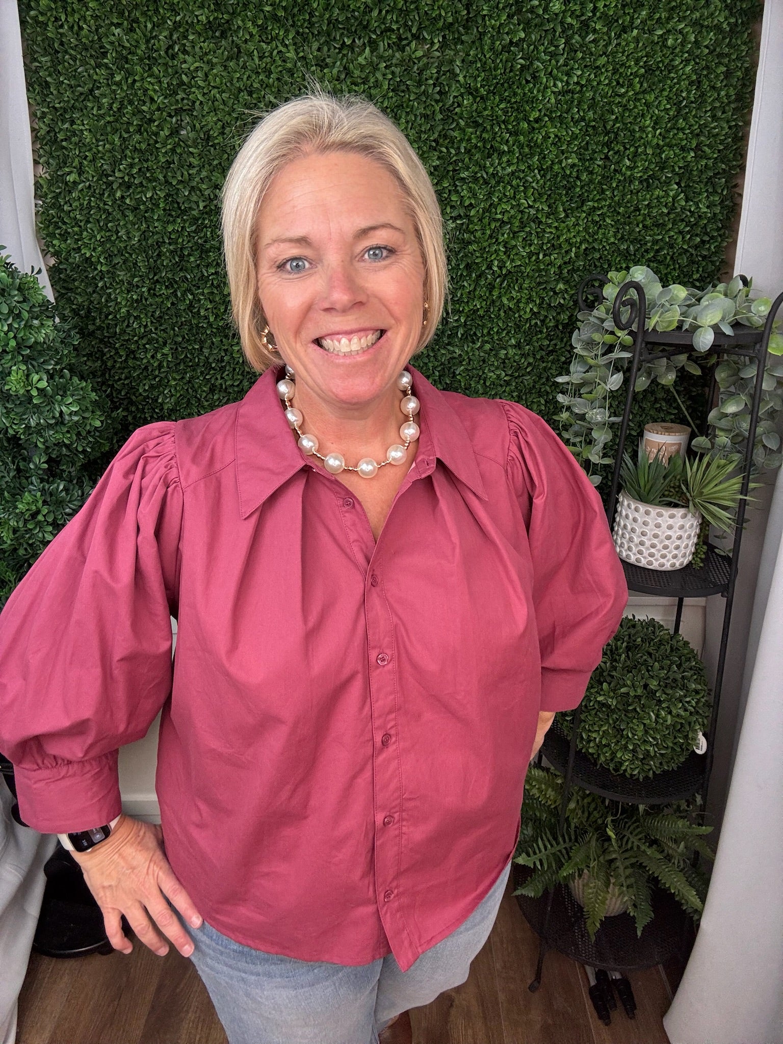 BUTTON FRONT LONG SLEEVE BLOUSE WITH GATHERED CUFFS - ROSEWOOD PINK