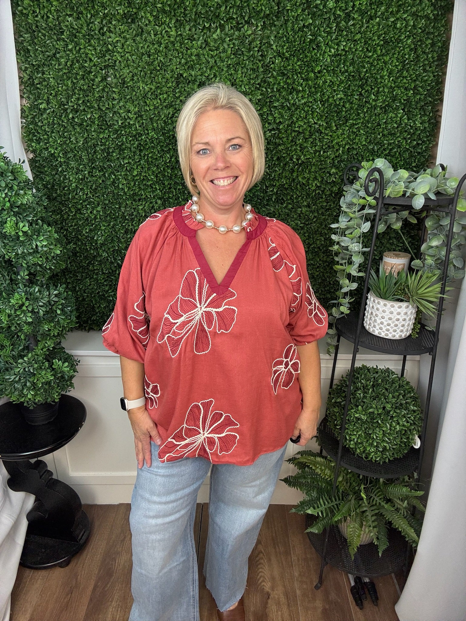 LINING EMBROIDERED FABRIC TOP WITH SOLID CONTRAST DETAIL - ROSE