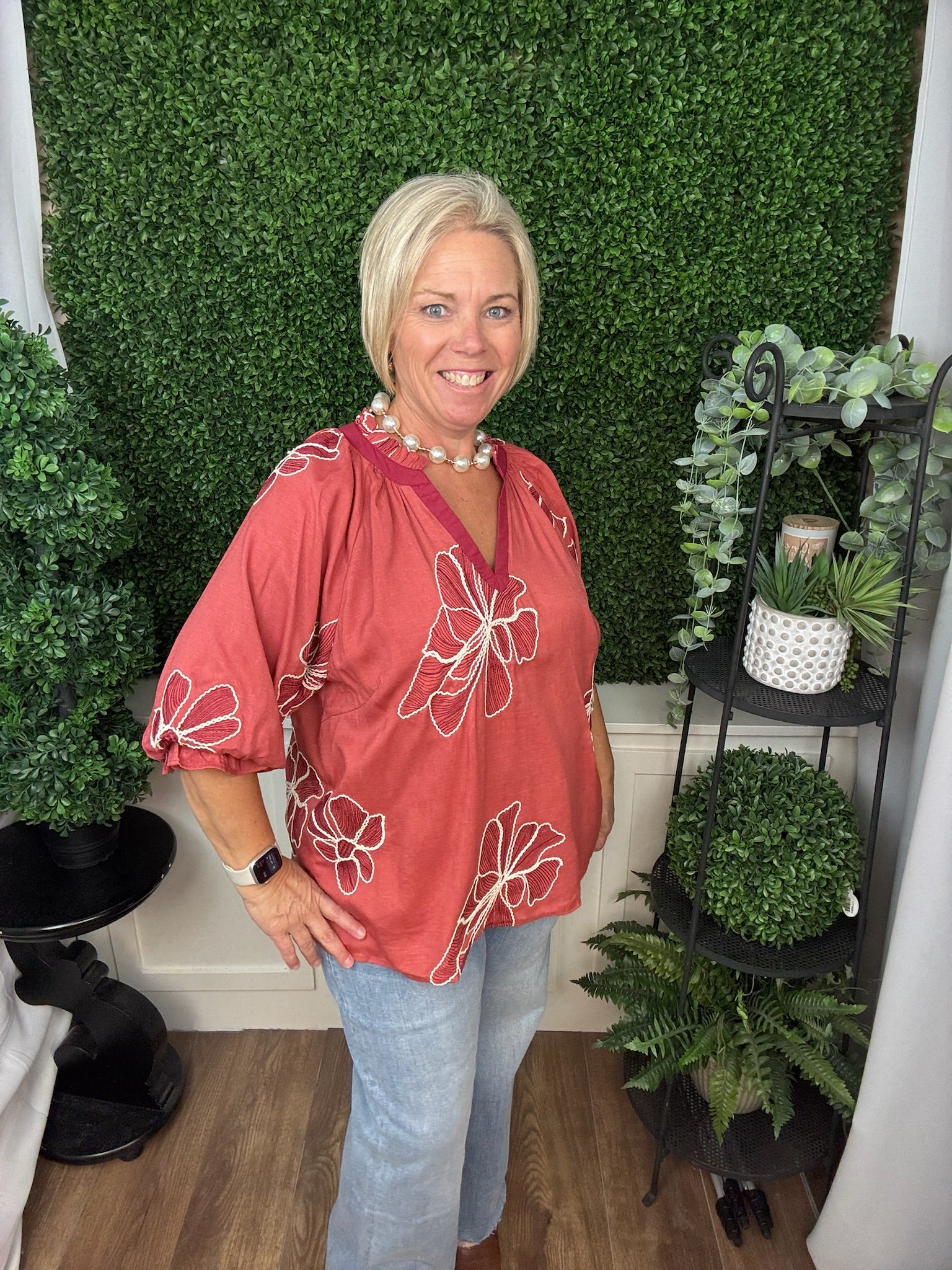 LINING EMBROIDERED FABRIC TOP WITH SOLID CONTRAST DETAIL - ROSE