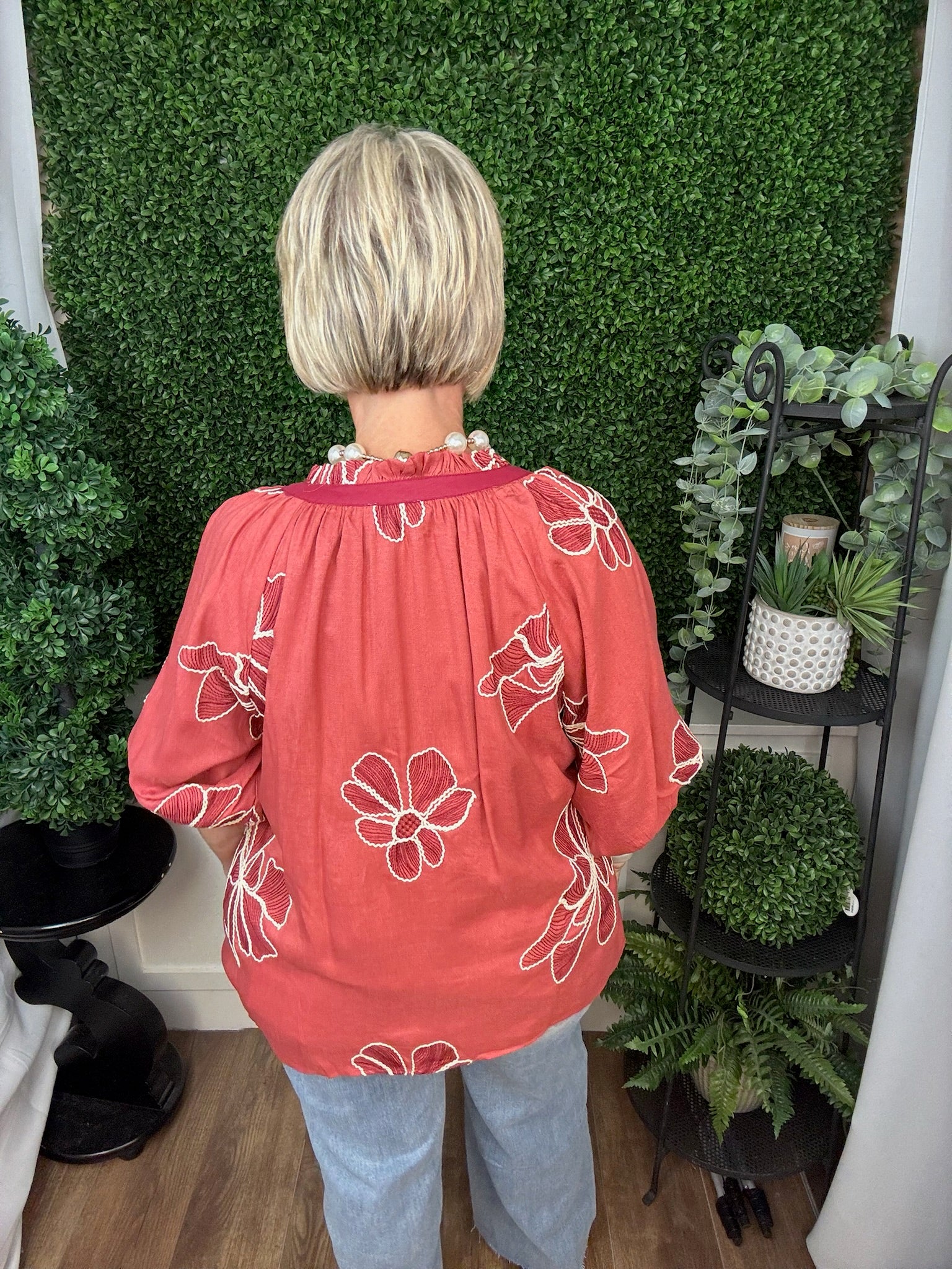 LINING EMBROIDERED FABRIC TOP WITH SOLID CONTRAST DETAIL - ROSE