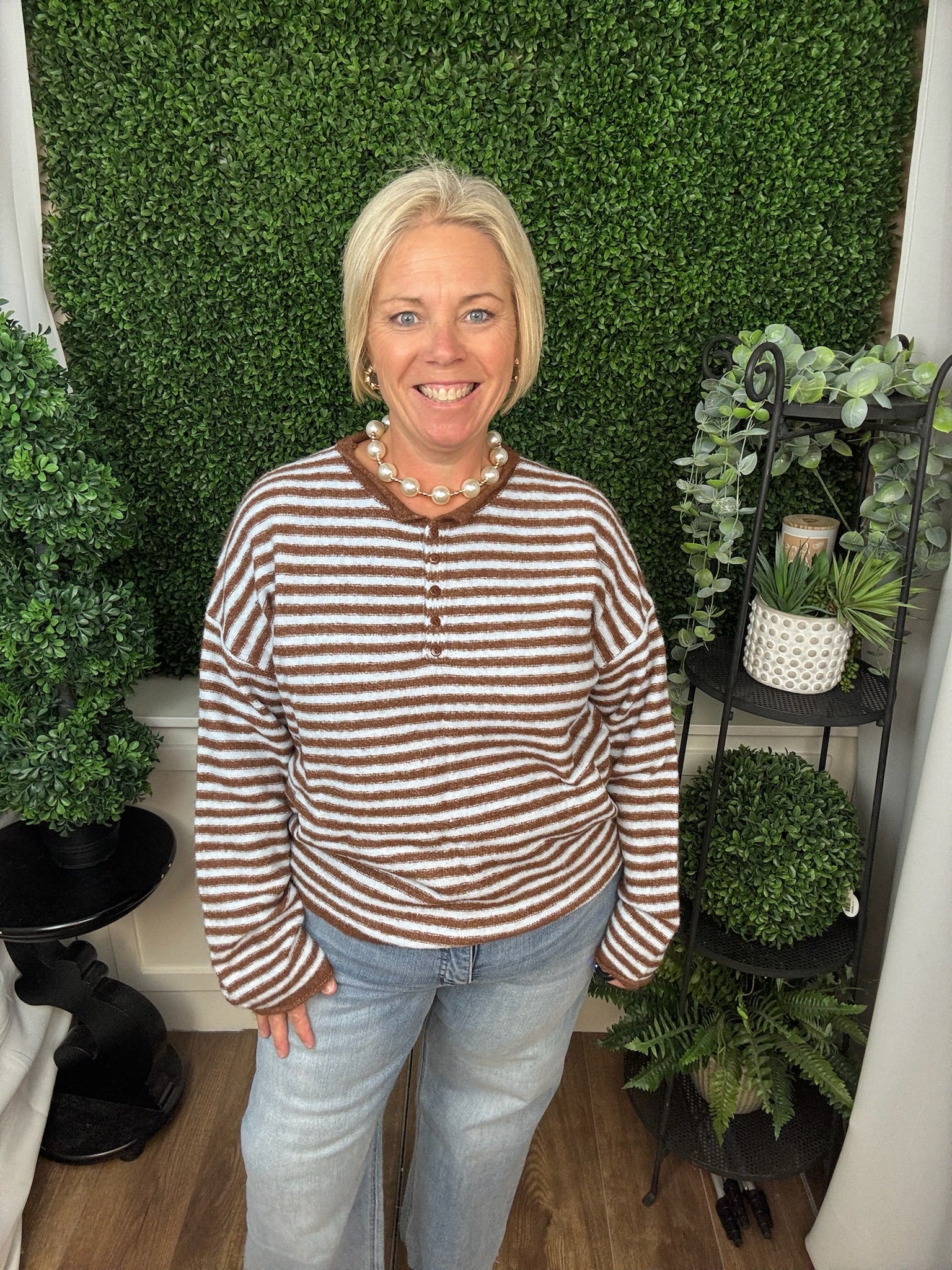 CREWNECK STRIPED LONG SLEEVE SWEATER TOP - DENIM BROWN