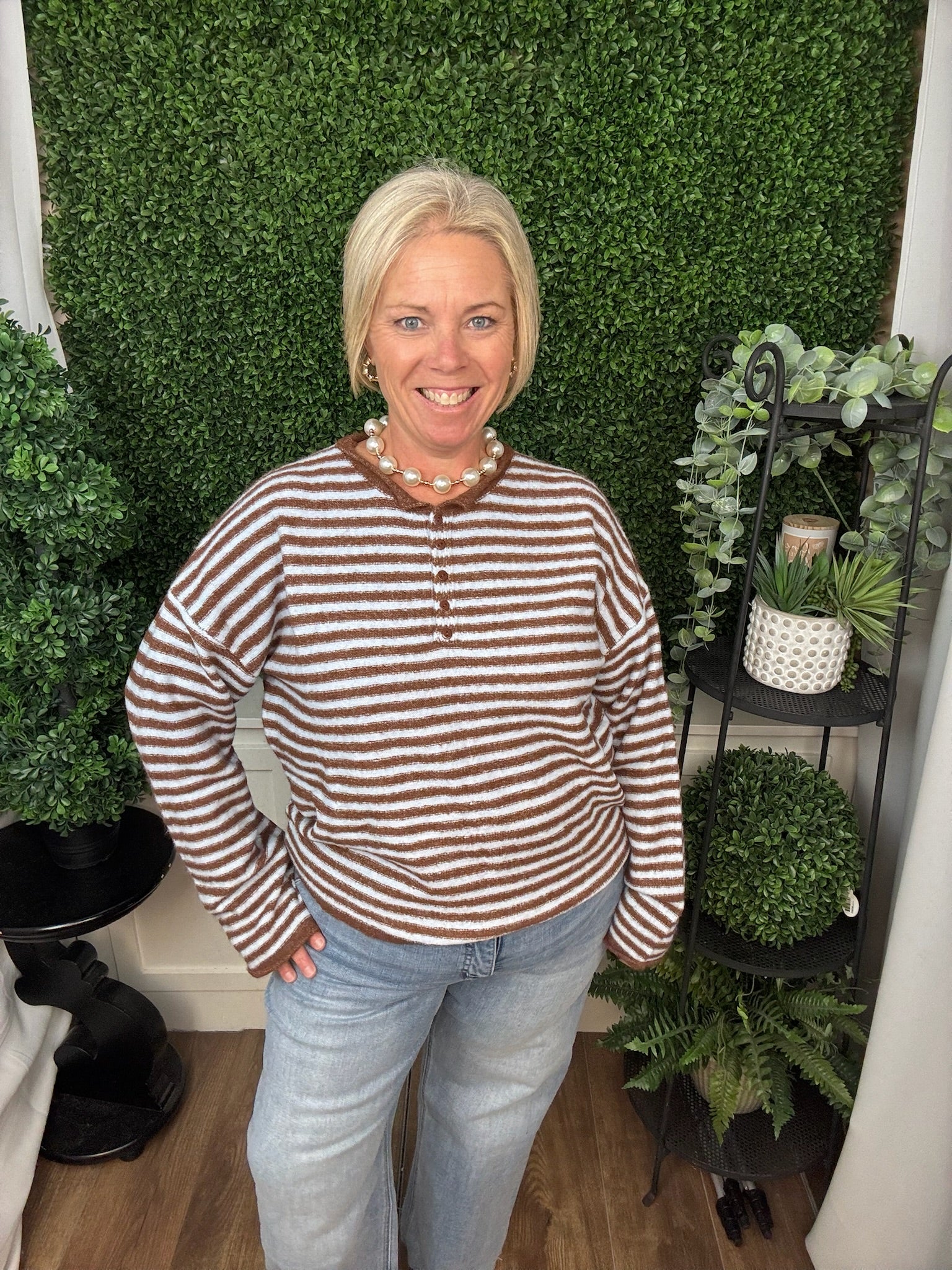 CREWNECK STRIPED LONG SLEEVE SWEATER TOP - DENIM BROWN