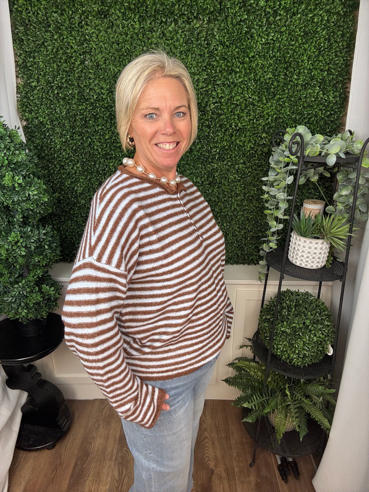 CREWNECK STRIPED LONG SLEEVE SWEATER TOP - DENIM BROWN
