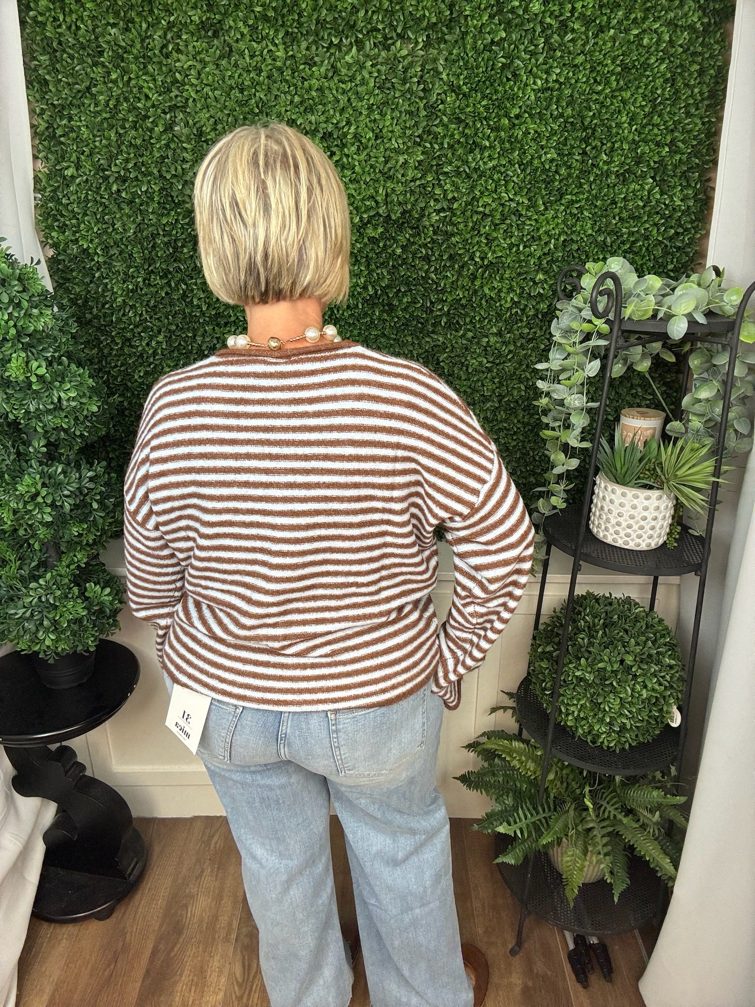 CREWNECK STRIPED LONG SLEEVE SWEATER TOP - DENIM BROWN