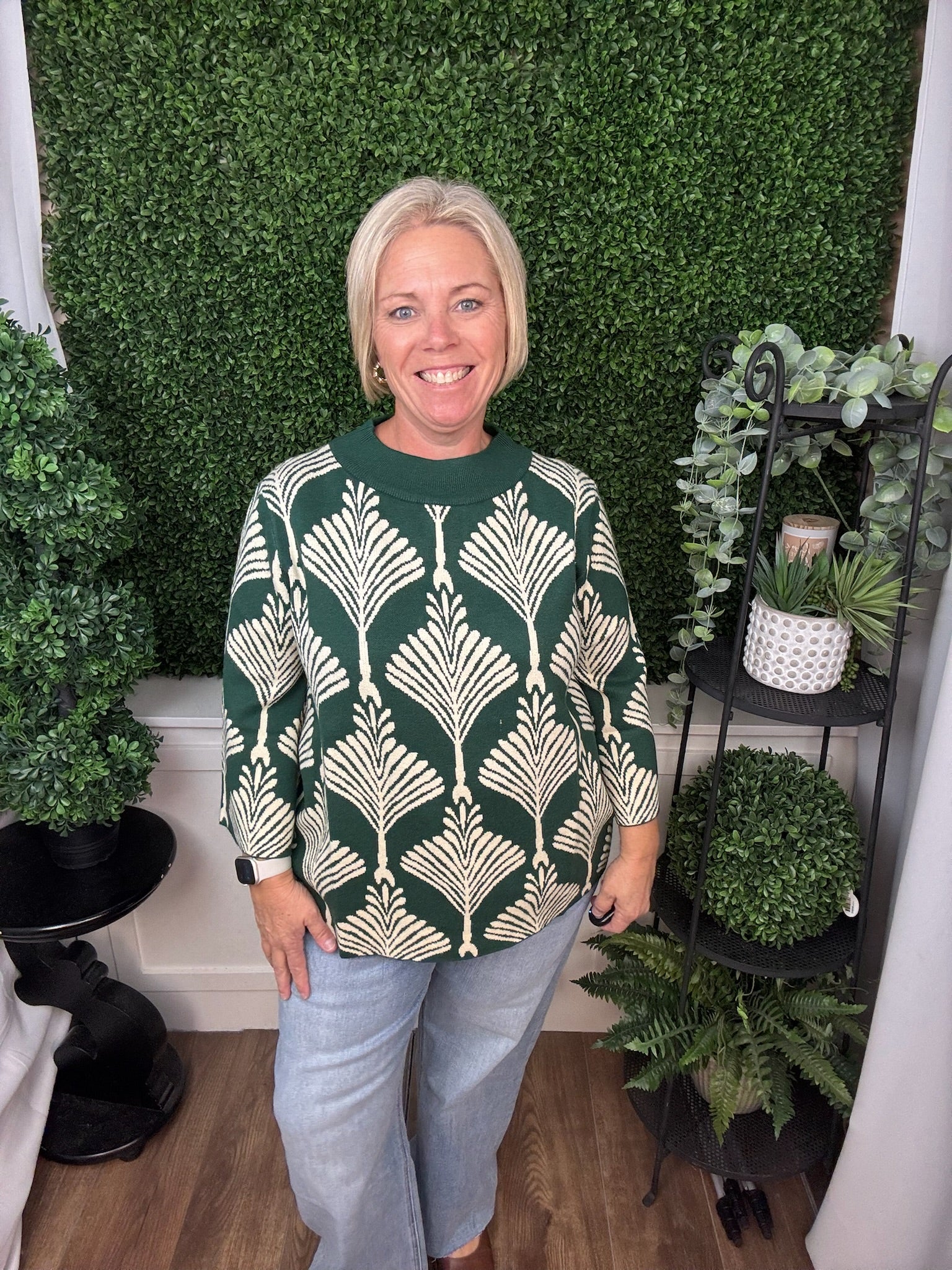 NO ABSTRACT PRINT WITH MOCK NECK PULLOVER SWEATER - FOREST GREEN