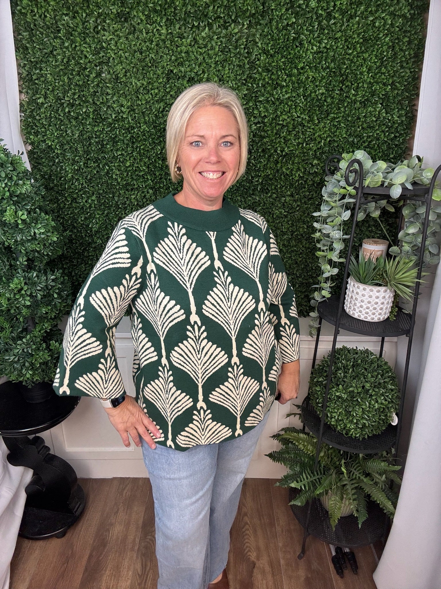 NO ABSTRACT PRINT WITH MOCK NECK PULLOVER SWEATER - FOREST GREEN
