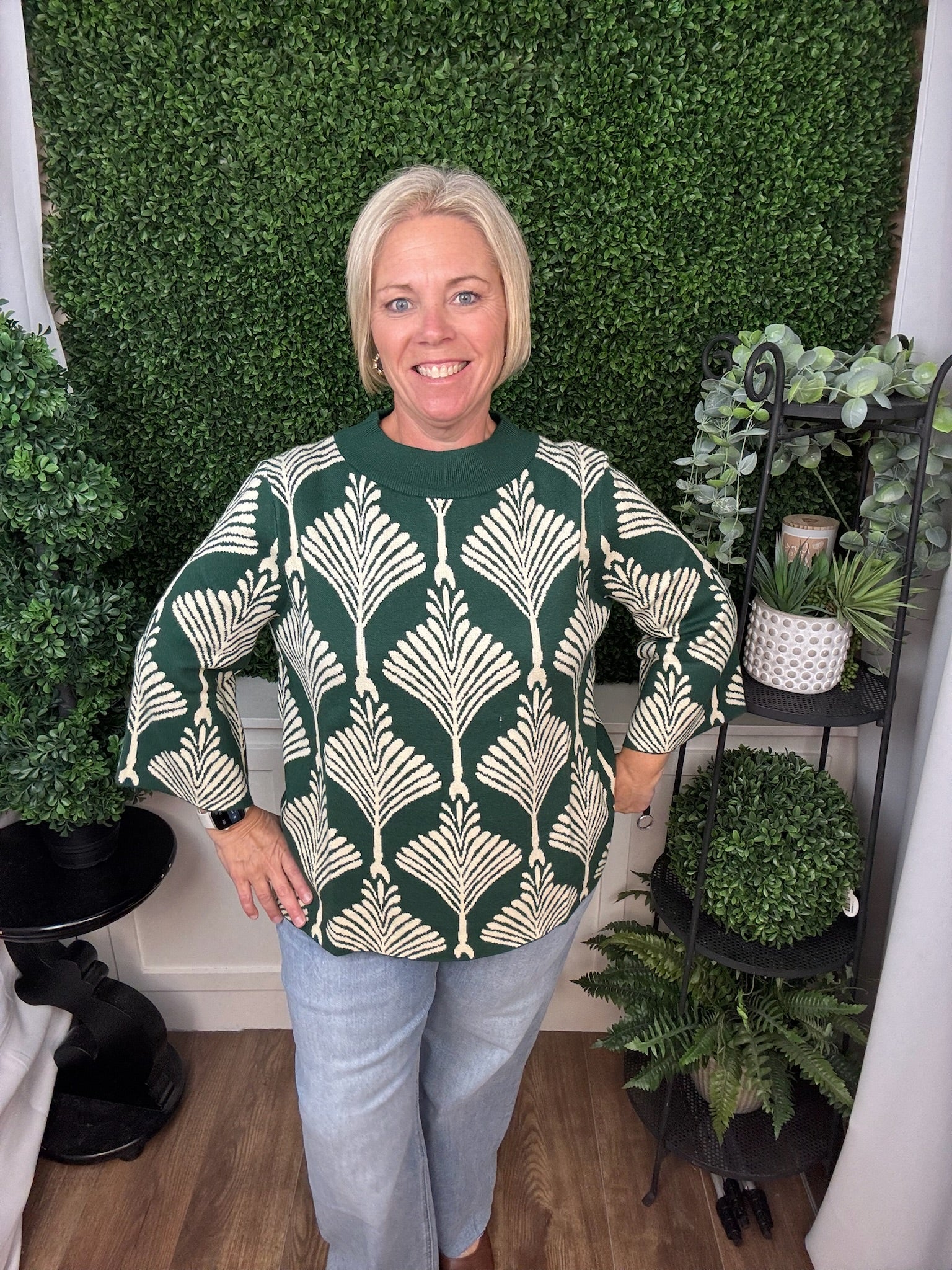 NO ABSTRACT PRINT WITH MOCK NECK PULLOVER SWEATER - FOREST GREEN