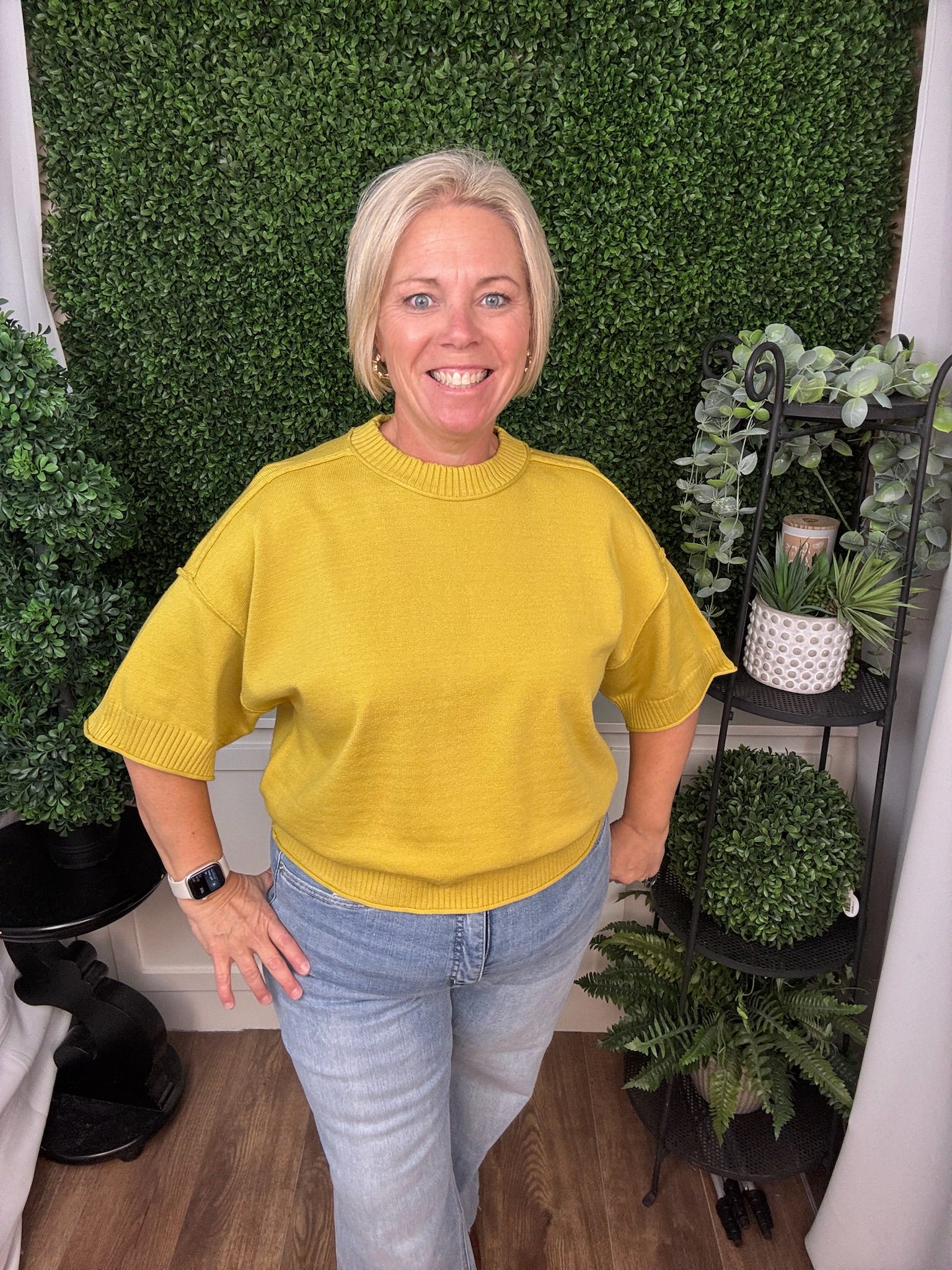 CREW NECK ELBOW-LENGTH SLEEVES SWEATER - MUSTARD