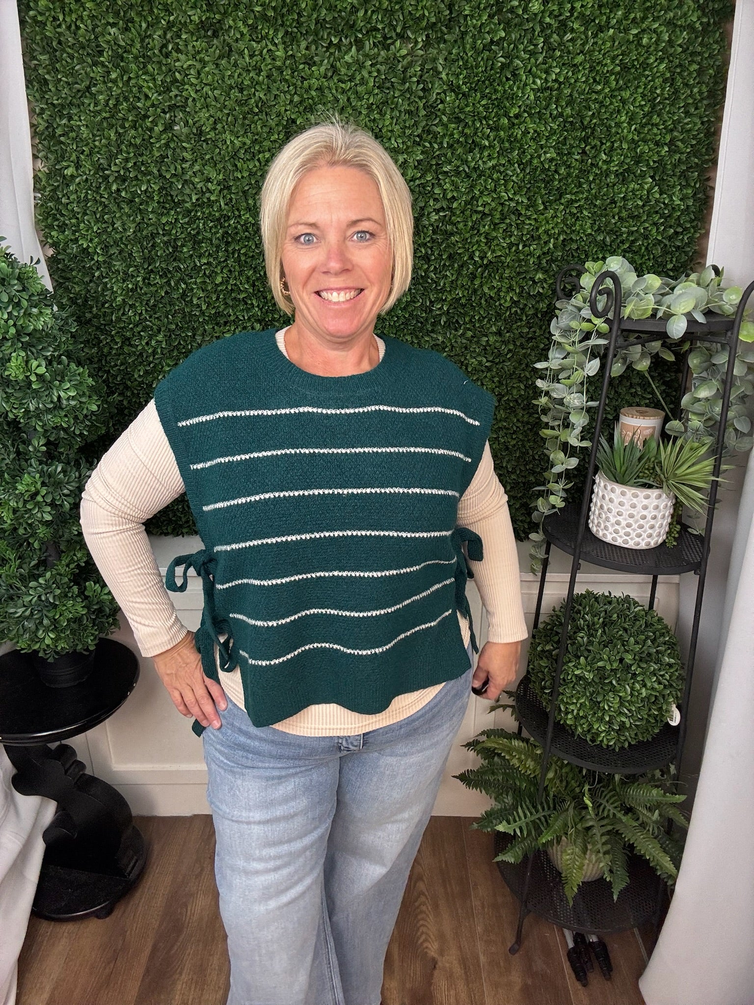 TEXTURED STRIPED SIDE-TIE SWEATER - TEAL