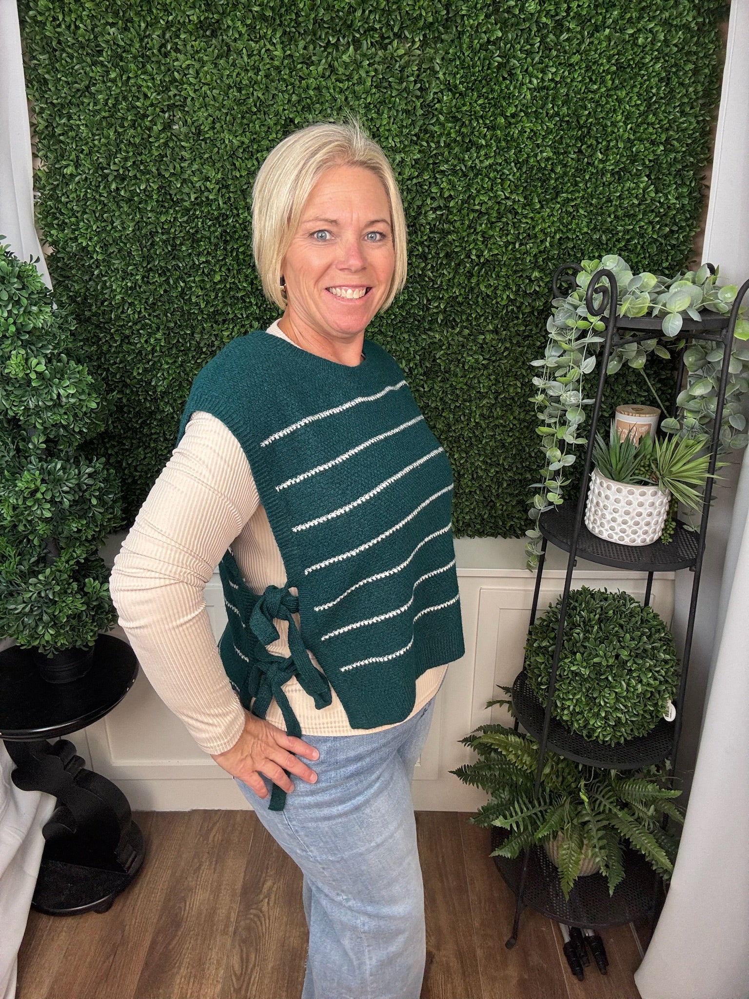 TEXTURED STRIPED SIDE-TIE SWEATER - TEAL