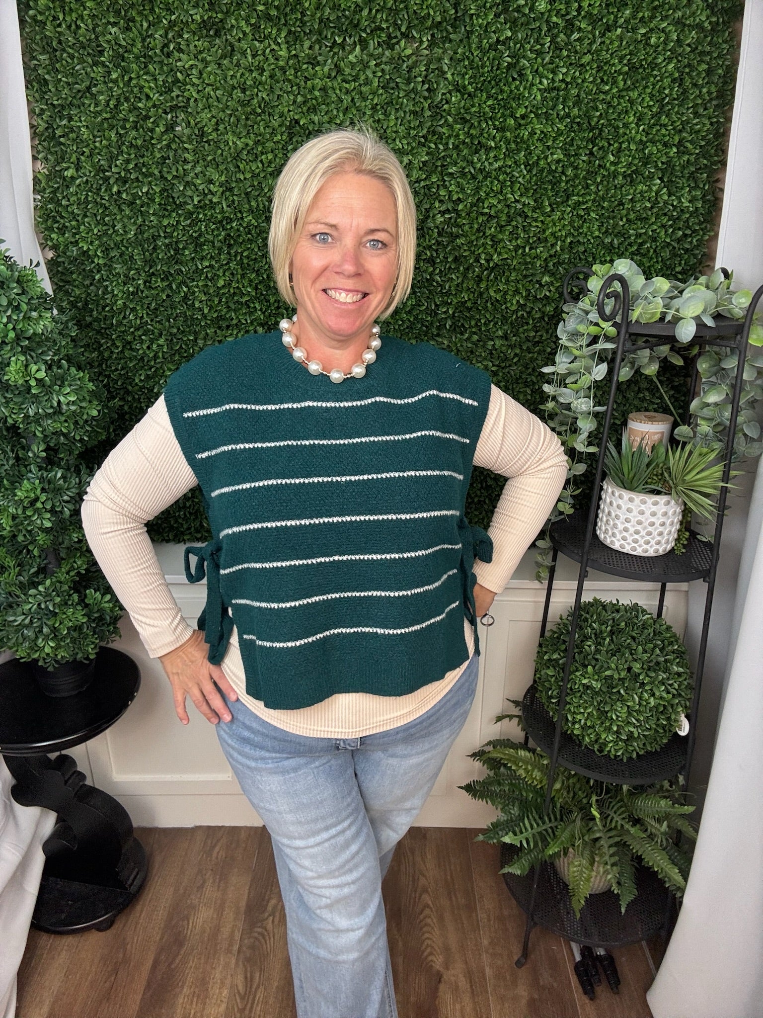 TEXTURED STRIPED SIDE-TIE SWEATER - TEAL