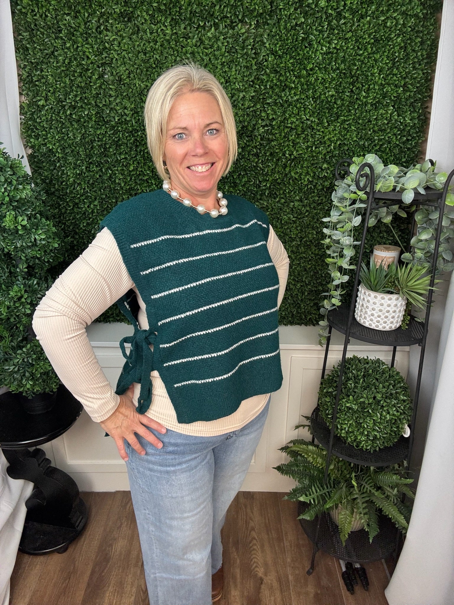 TEXTURED STRIPED SIDE-TIE SWEATER - TEAL