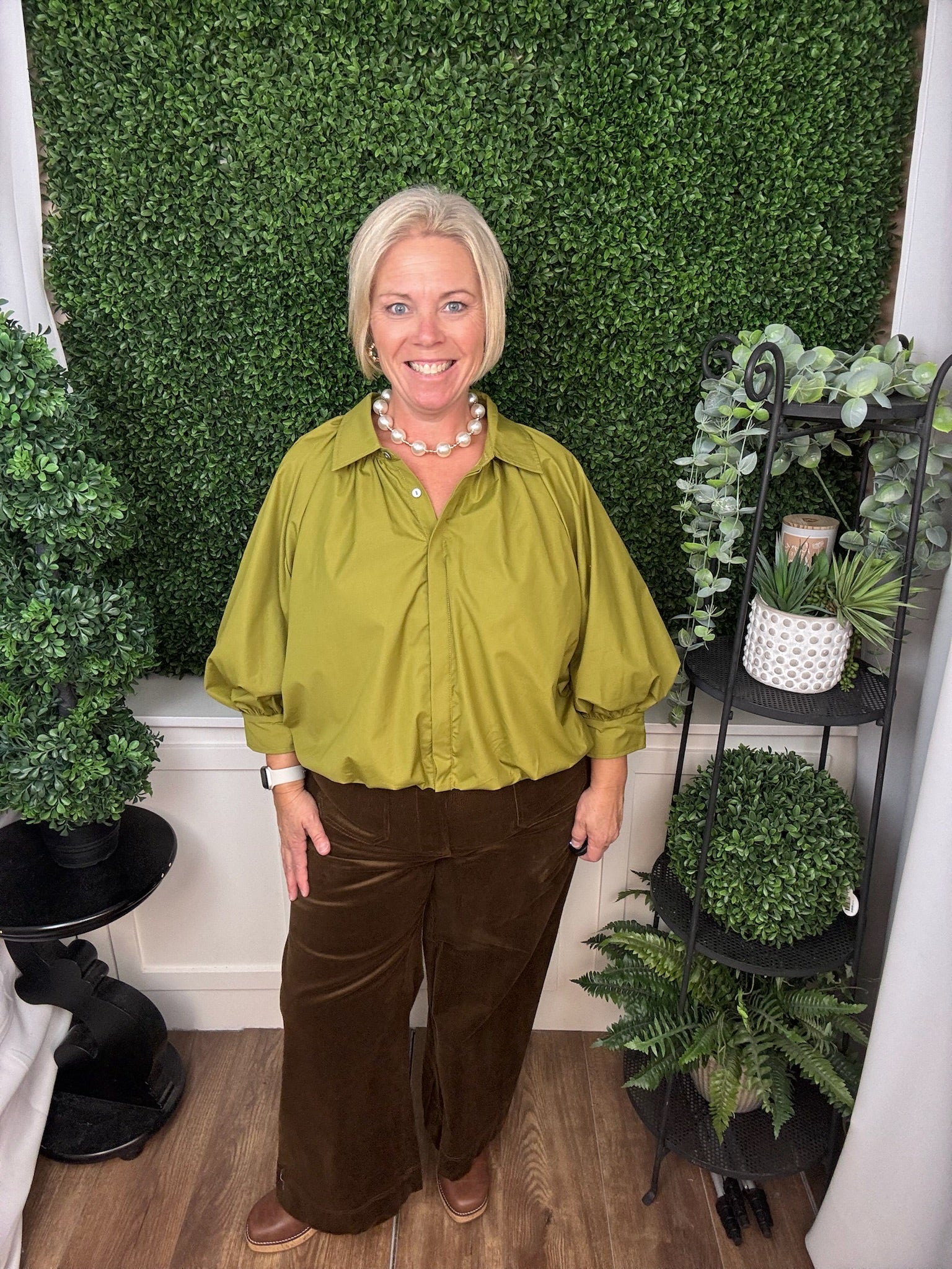Solid ¾ Puff Sleeve Top Featuring Gathered Detail At Front And Back Yoke - Martini Olive