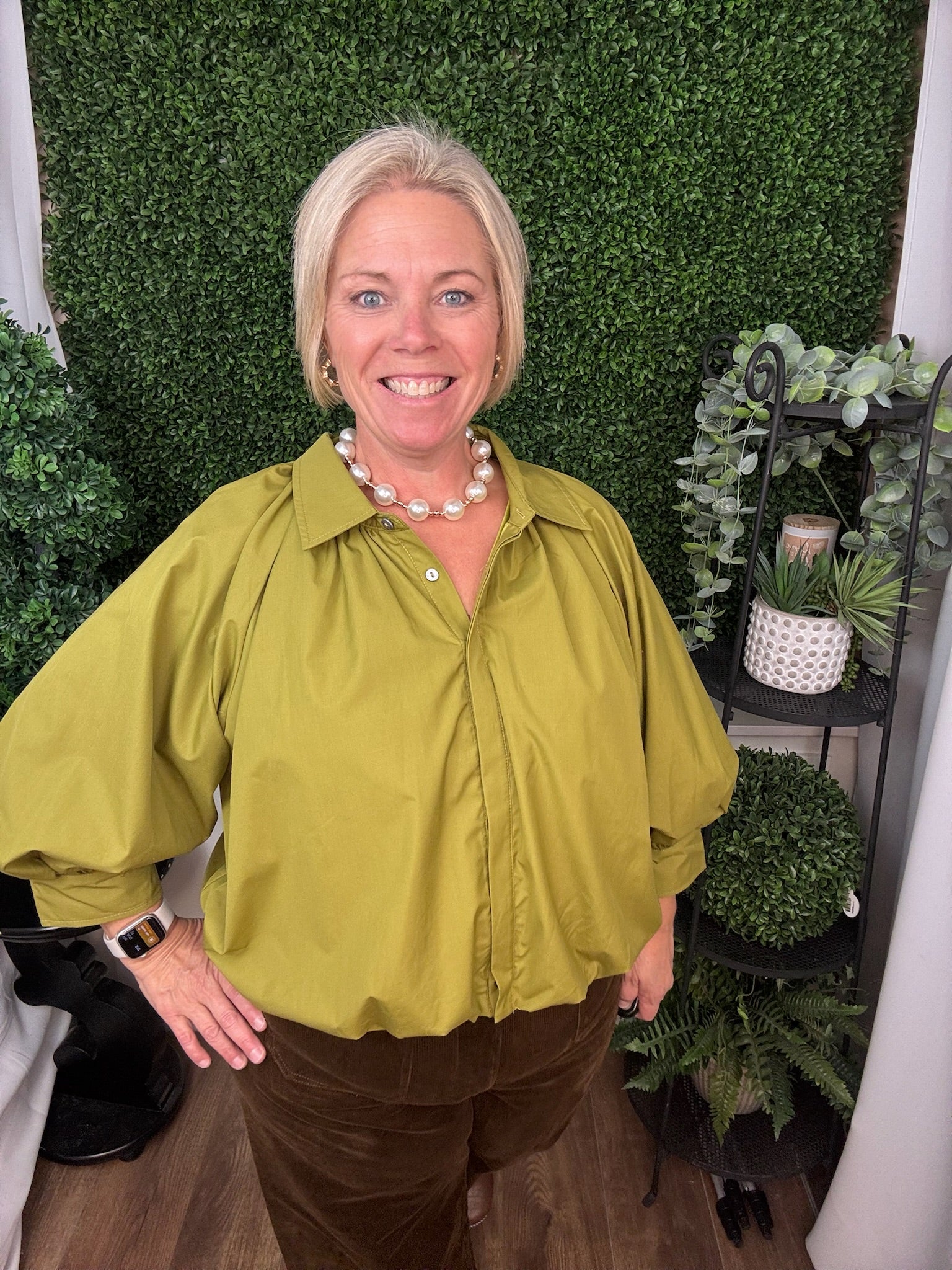 Solid ¾ Puff Sleeve Top Featuring Gathered Detail At Front And Back Yoke - Martini Olive