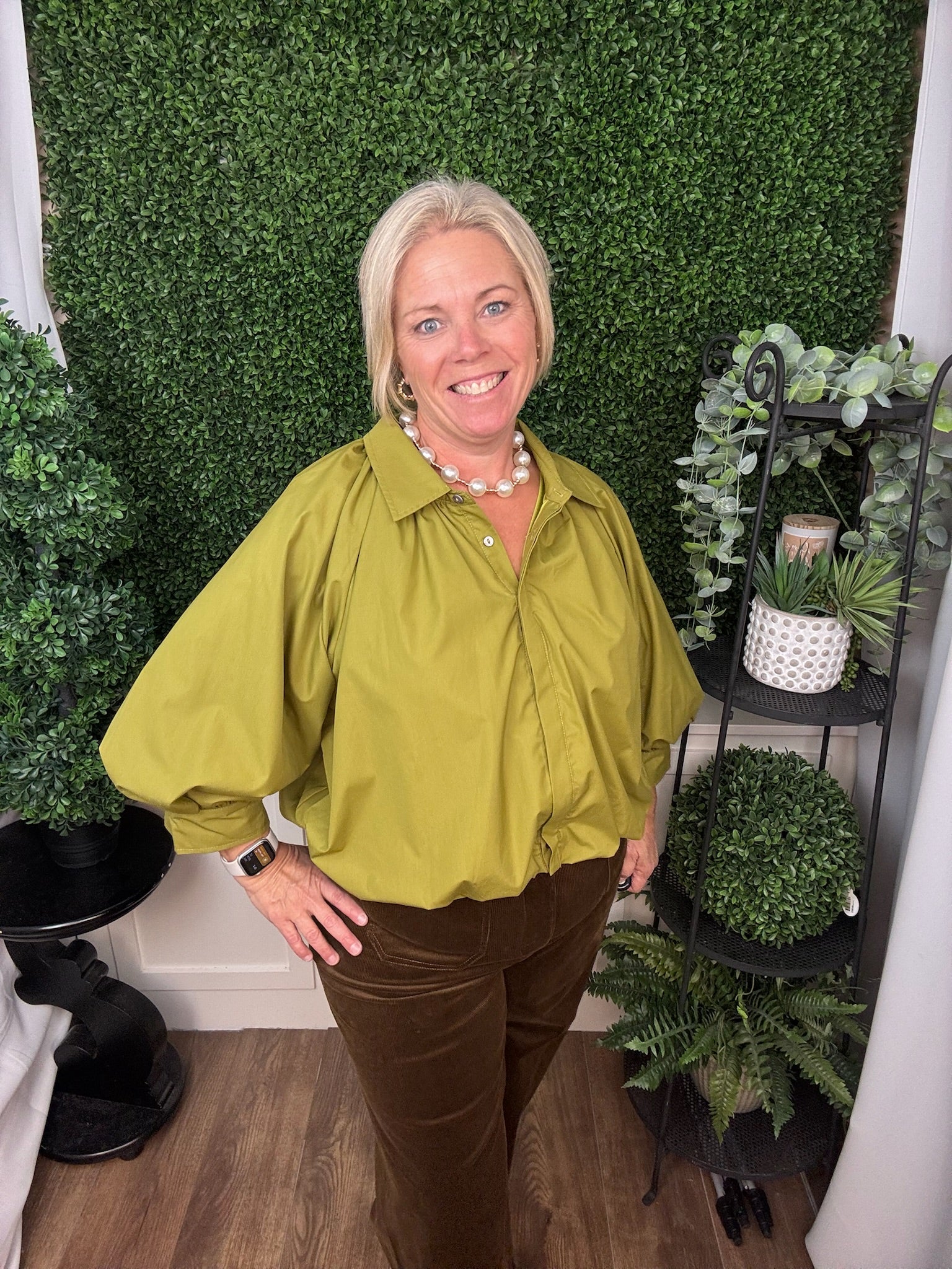 Solid ¾ Puff Sleeve Top Featuring Gathered Detail At Front And Back Yoke - Martini Olive