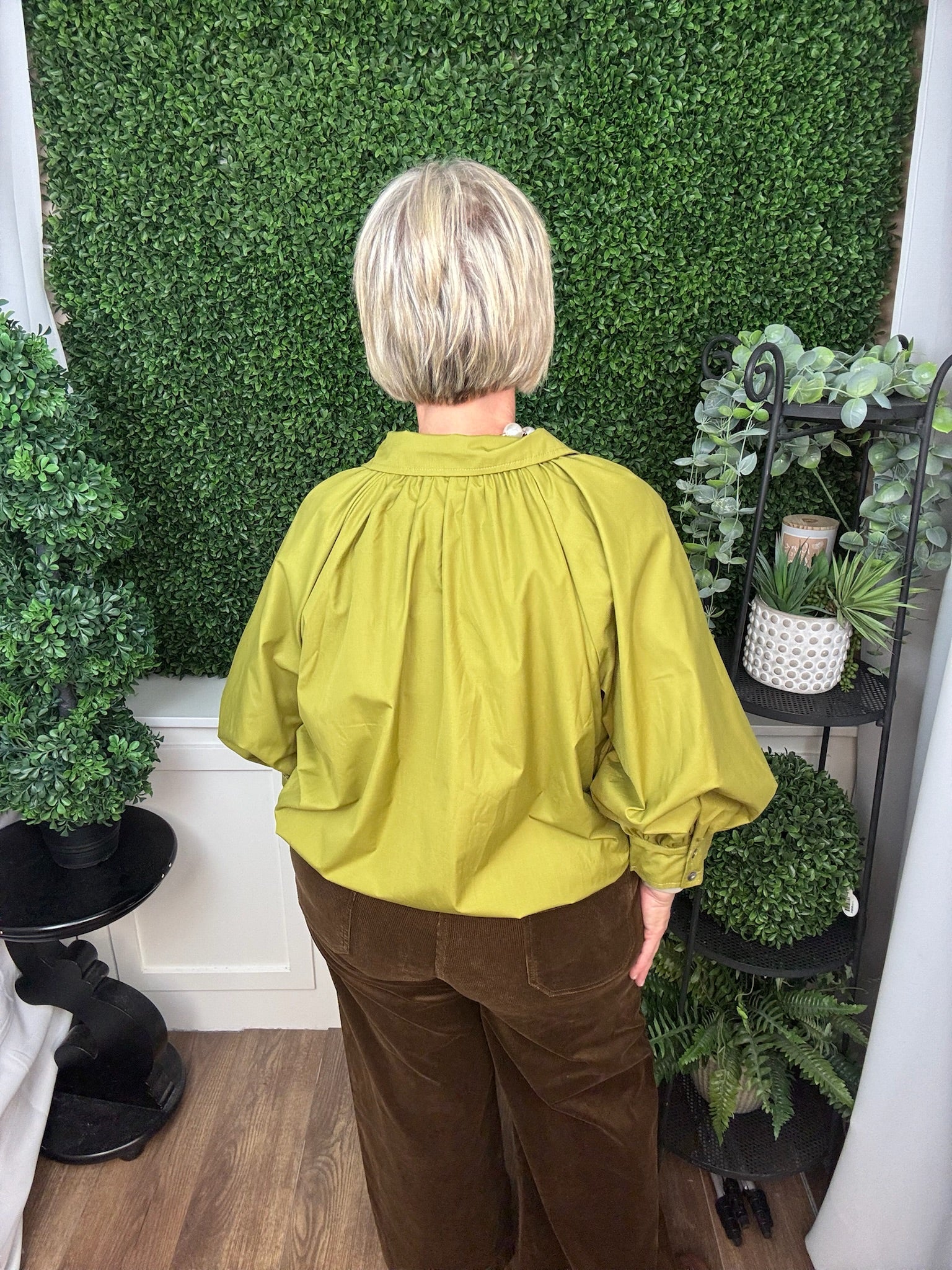 Solid ¾ Puff Sleeve Top Featuring Gathered Detail At Front And Back Yoke - Martini Olive