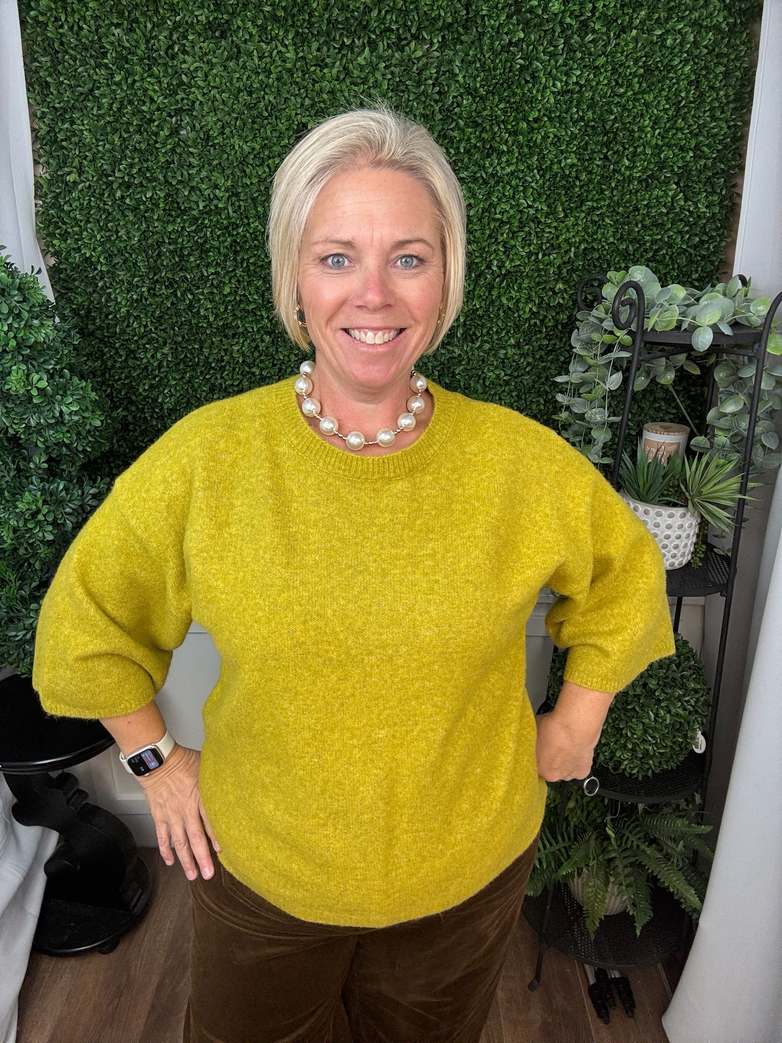 TEXTURED KNIT TOP - DIJON/HUNTER GREEN