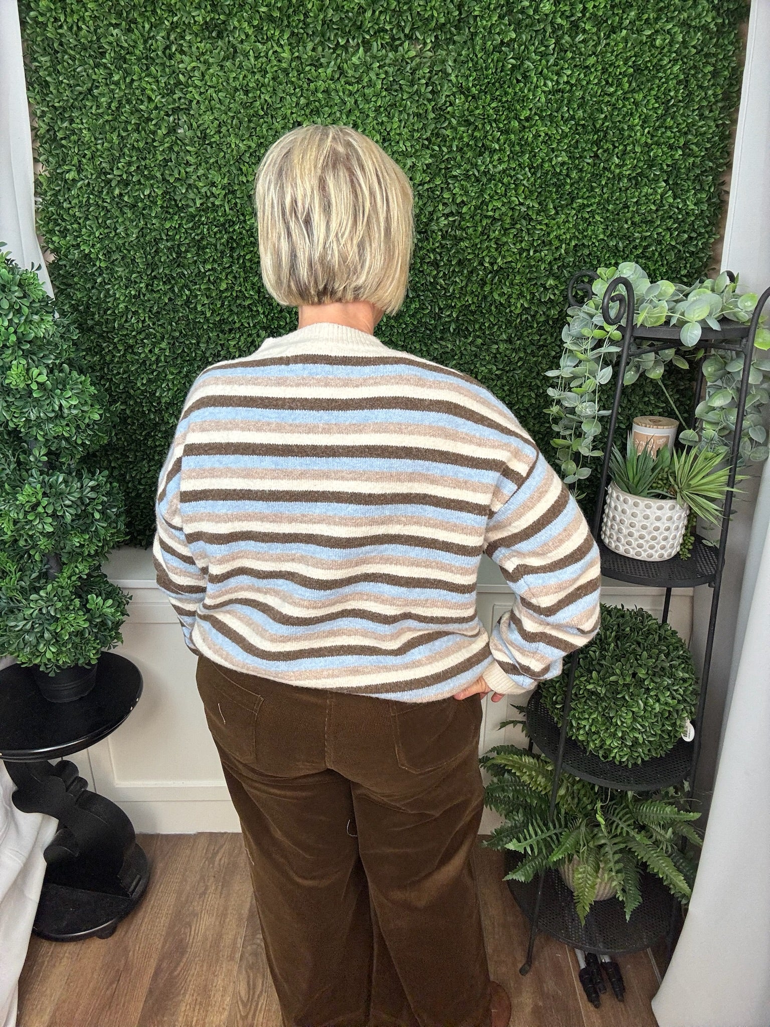 STRIPED BUTTON DOWN CARDIGAN - CREAM/BLUE