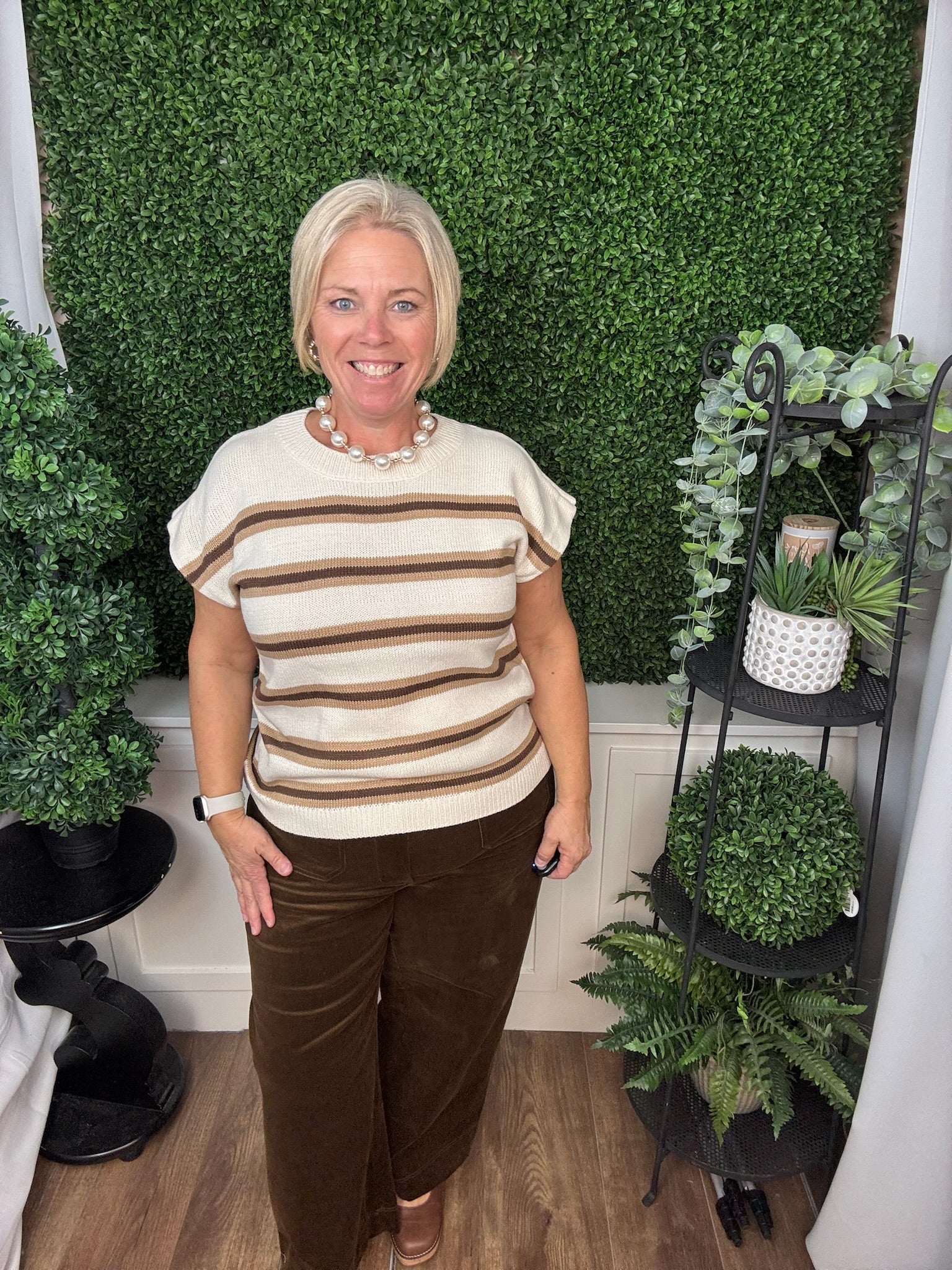STRIPED CREW NECK SHORT SLEEVE KNIT SWEATER - OATMEAL