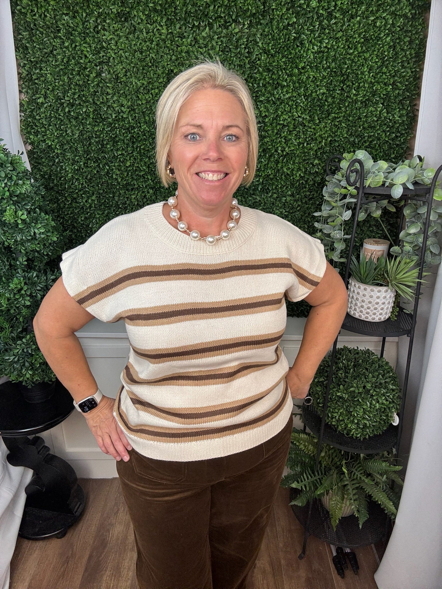 STRIPED CREW NECK SHORT SLEEVE KNIT SWEATER - OATMEAL