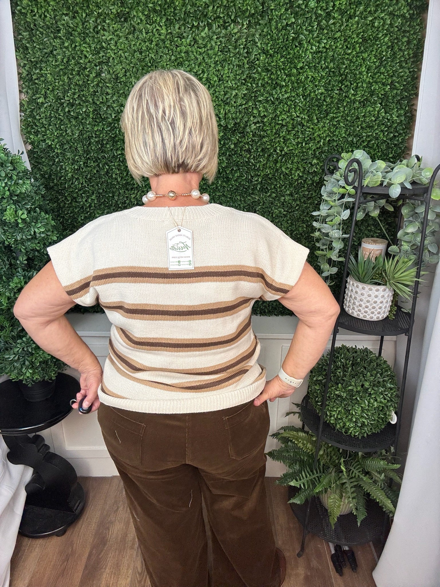 STRIPED CREW NECK SHORT SLEEVE KNIT SWEATER - OATMEAL