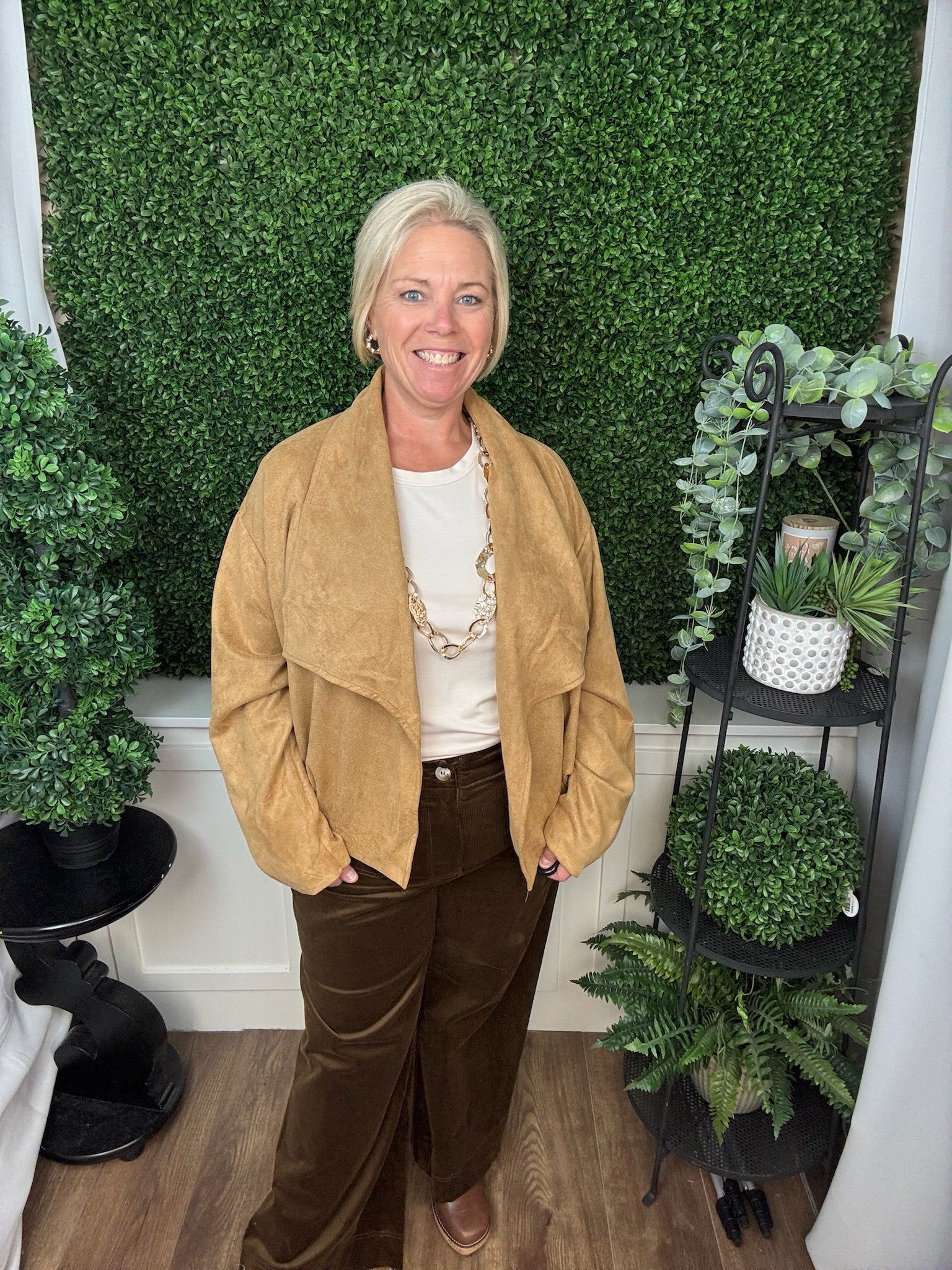 CANYON FAUX SUEDE DRAPE JACKET - CAMEL