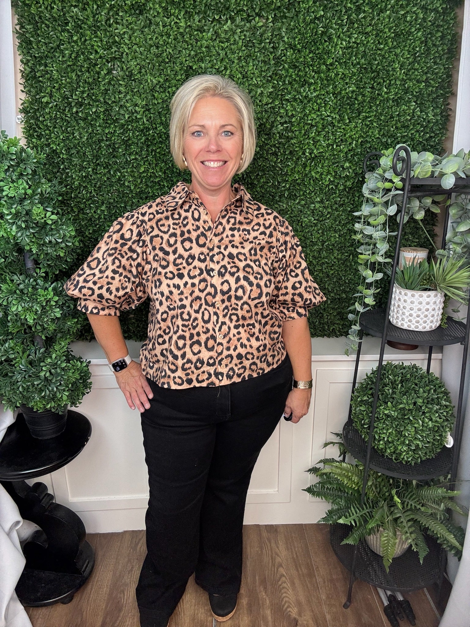 LEOPARD BUTTON DOWN BLOUSE