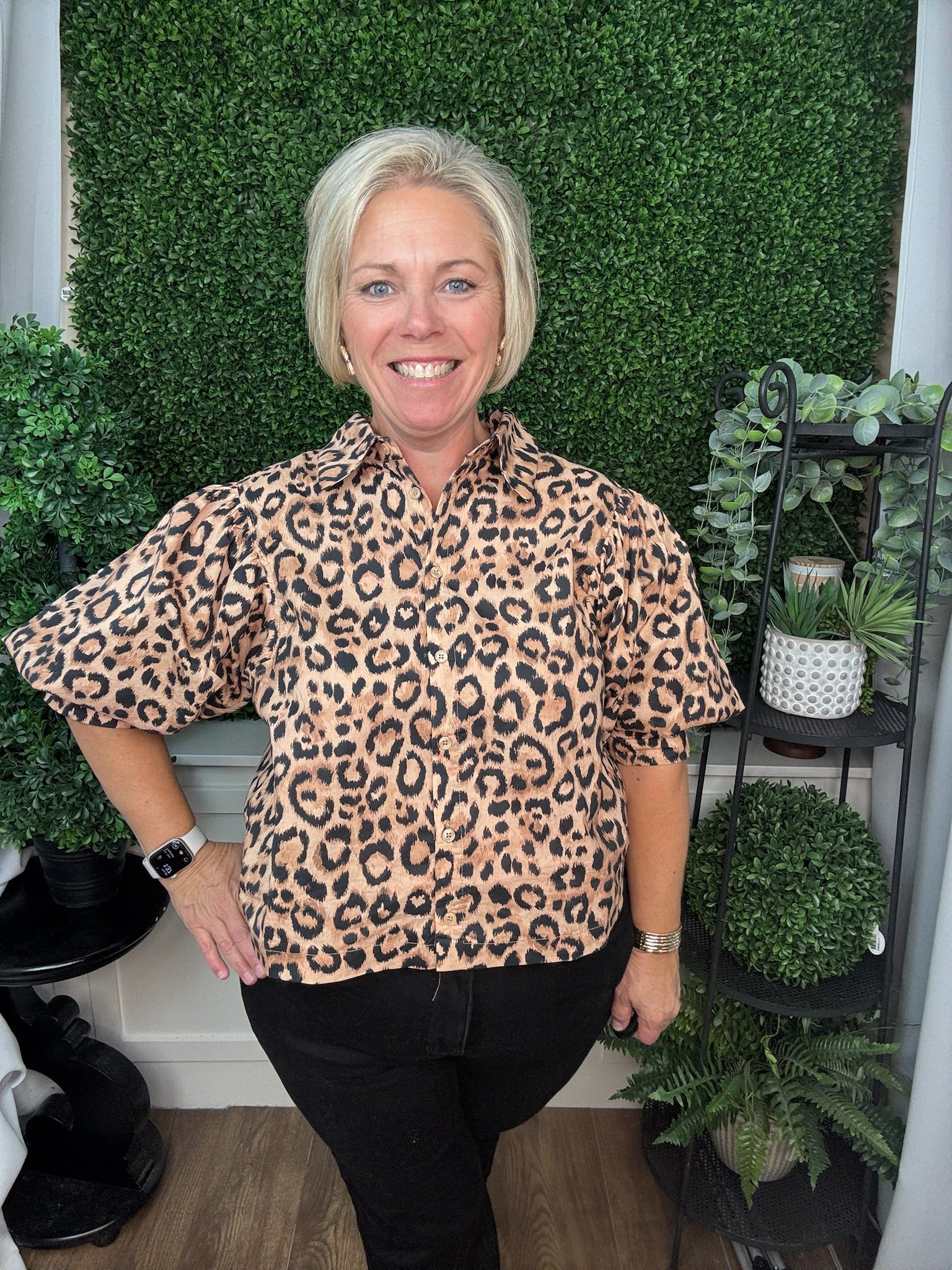 LEOPARD BUTTON DOWN BLOUSE